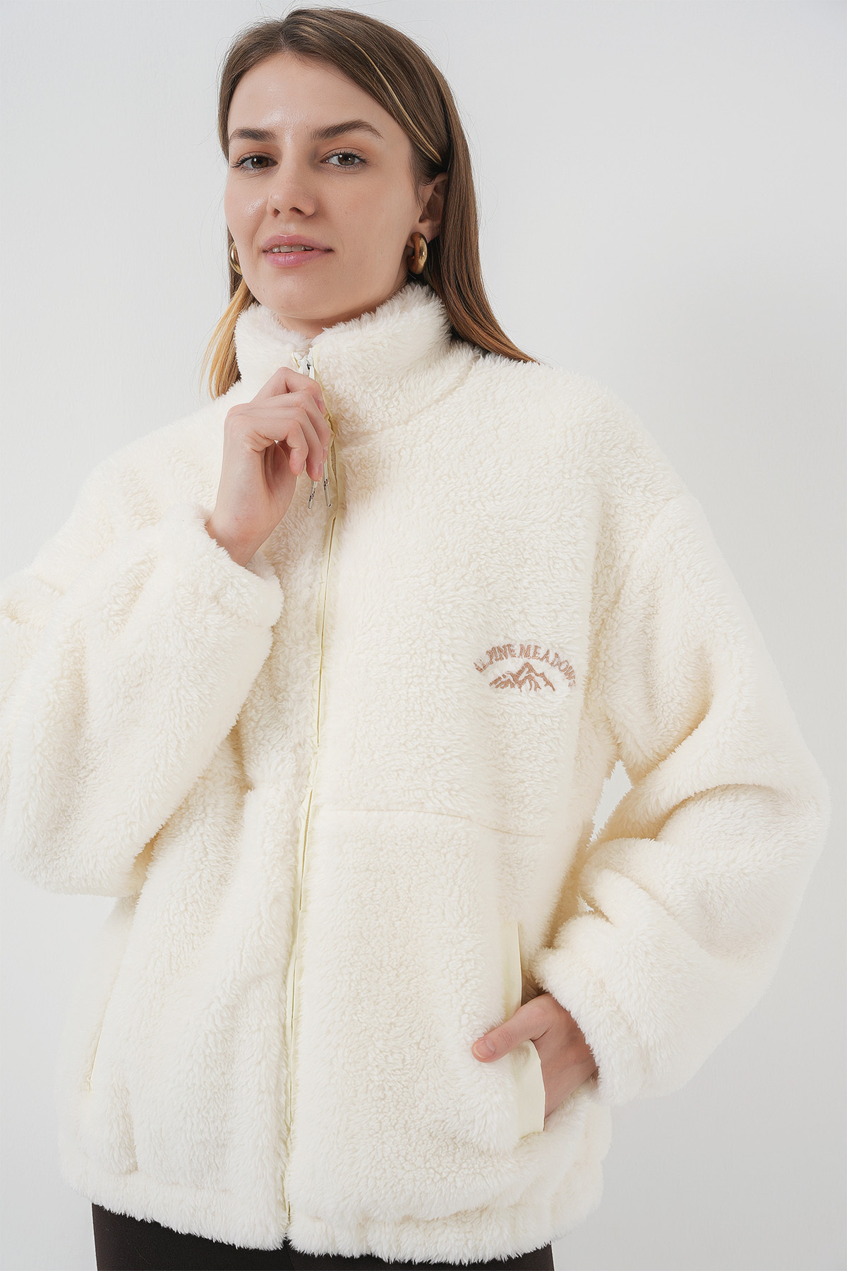 Bigdart-5212 Women's Oversize Plush Jacket - Ecru Coat 1