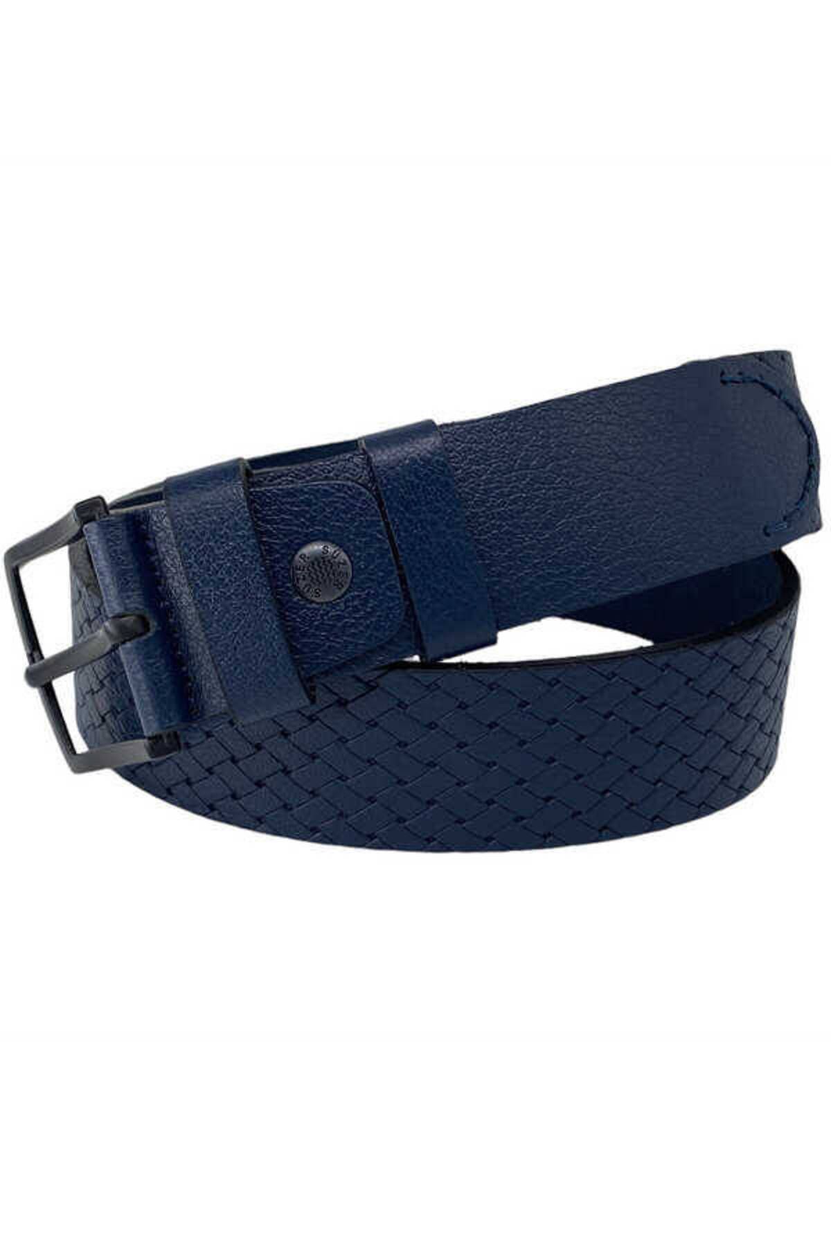 S.S SÜZER DERİ-Navy Blue Genuine Leather Special Production 3-Piece Handcrafted 4 cm Unisex Sports Jeans Belt 3