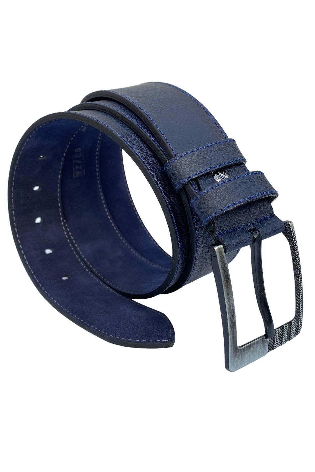 S.S SÜZER DERİ-Navy Blue Faux Leather Blue Stitched Model 4.5 cm Unisex Sports Belt 1