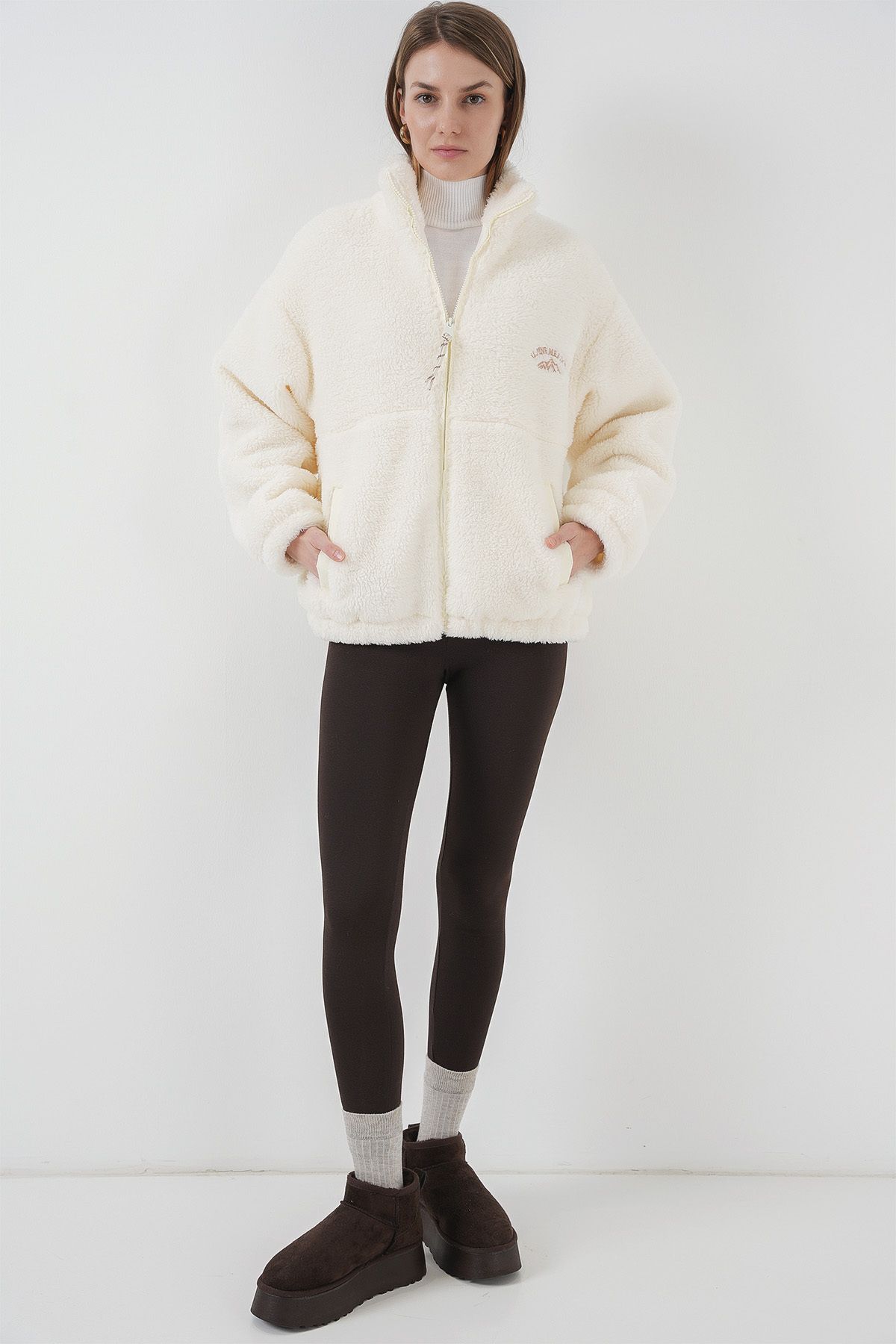Bigdart-5212 Women's Oversize Plush Jacket - Ecru Coat 3