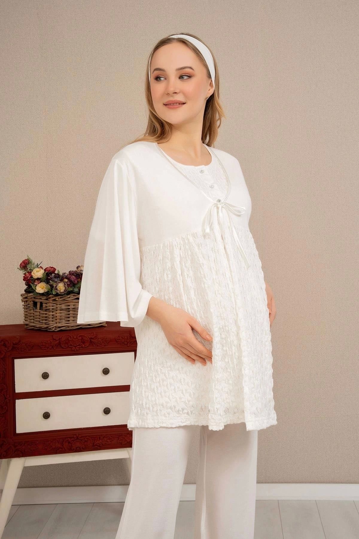 feminight Ba-ha 4504 Dantel Sabahlıklı Lohusa Pijama Takımı