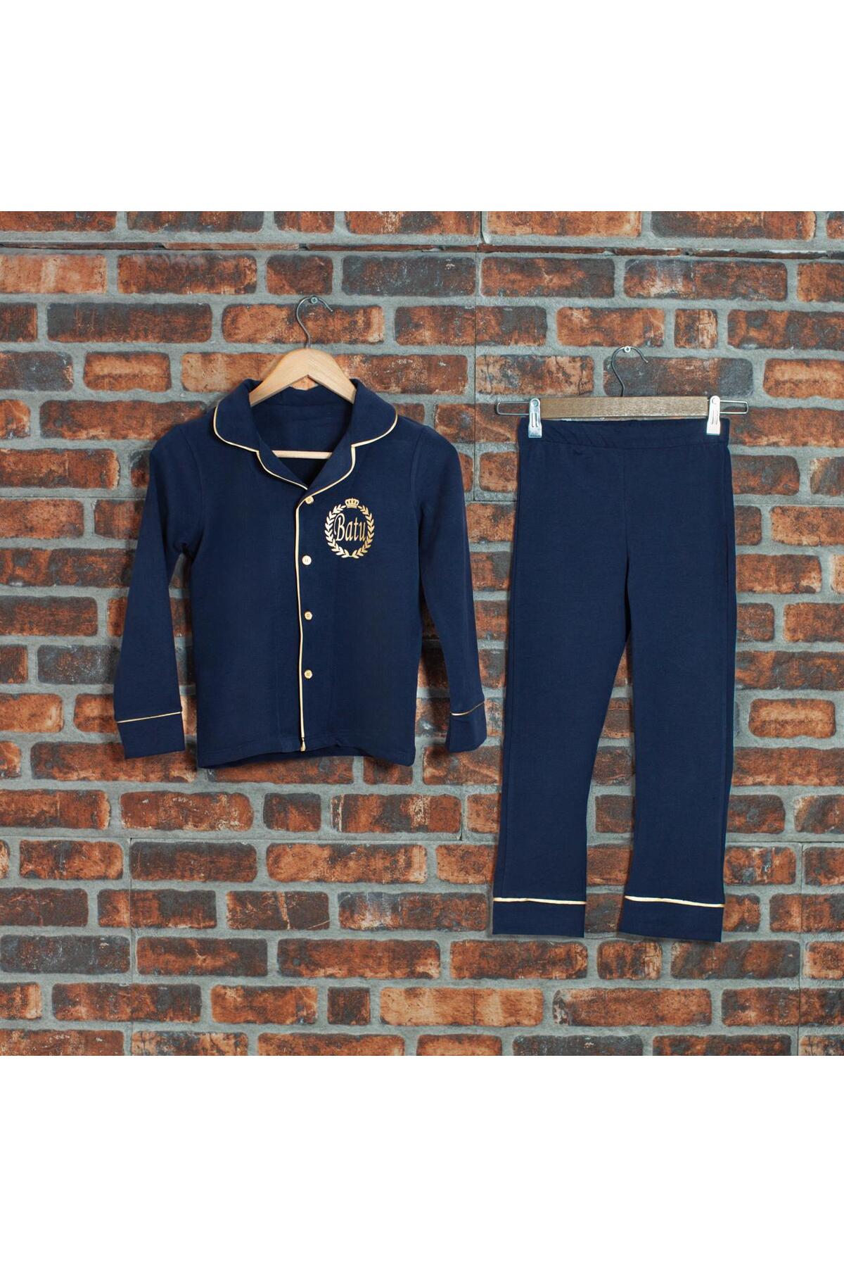 ADEREN KİDS KIŞLIK SÜNNET PİJAMASI PAMUK İSİM BASKILI LACİVERT GOLD fotoğrafı 2 (önizleme)