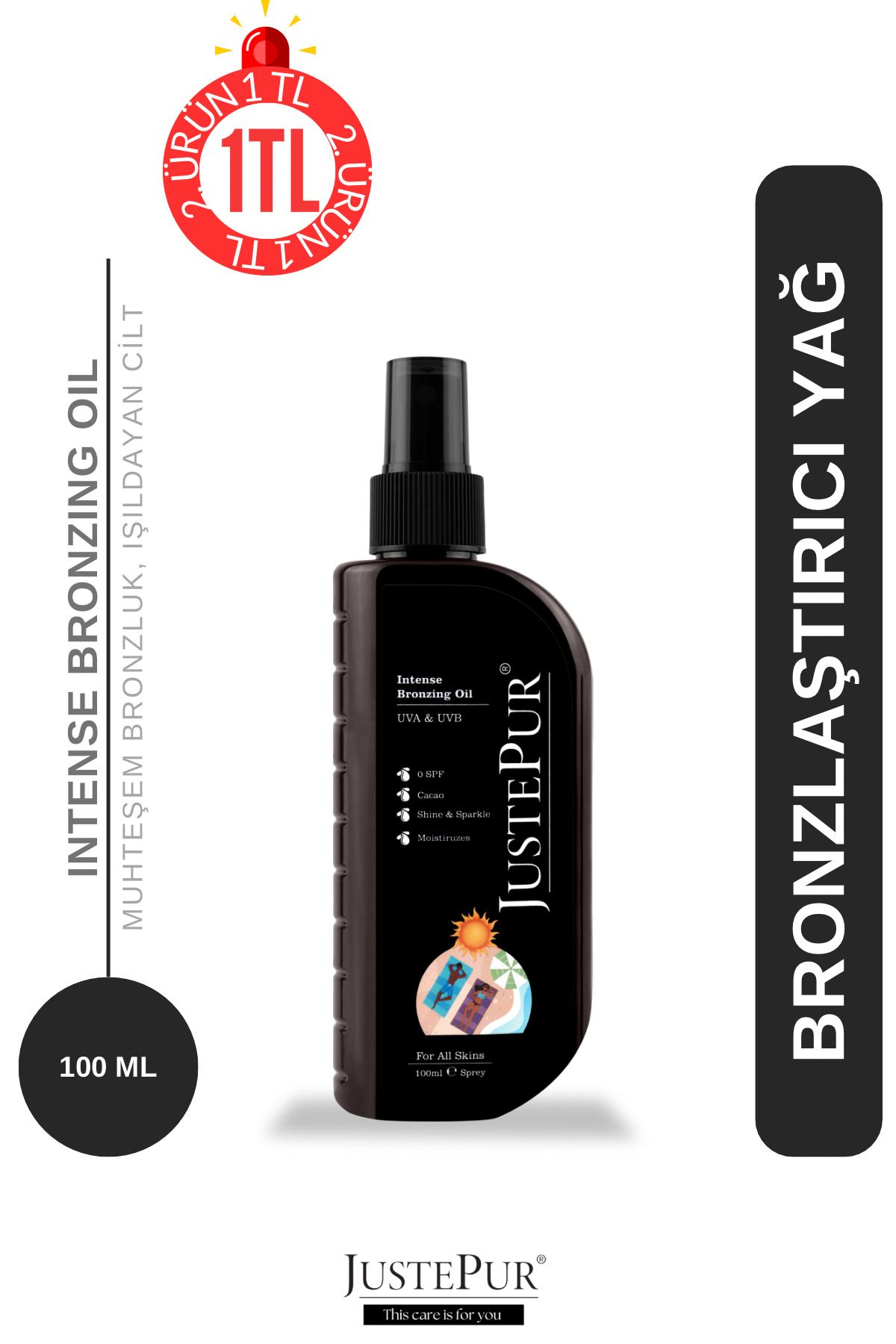 JUSTEPUR Yoğun Bronzlaştırıcı Yağı 100 Ml. Sprey Cacao Oil Parlaklık, Işıltı 0SPF UVA&UVB Tüm Ciltler