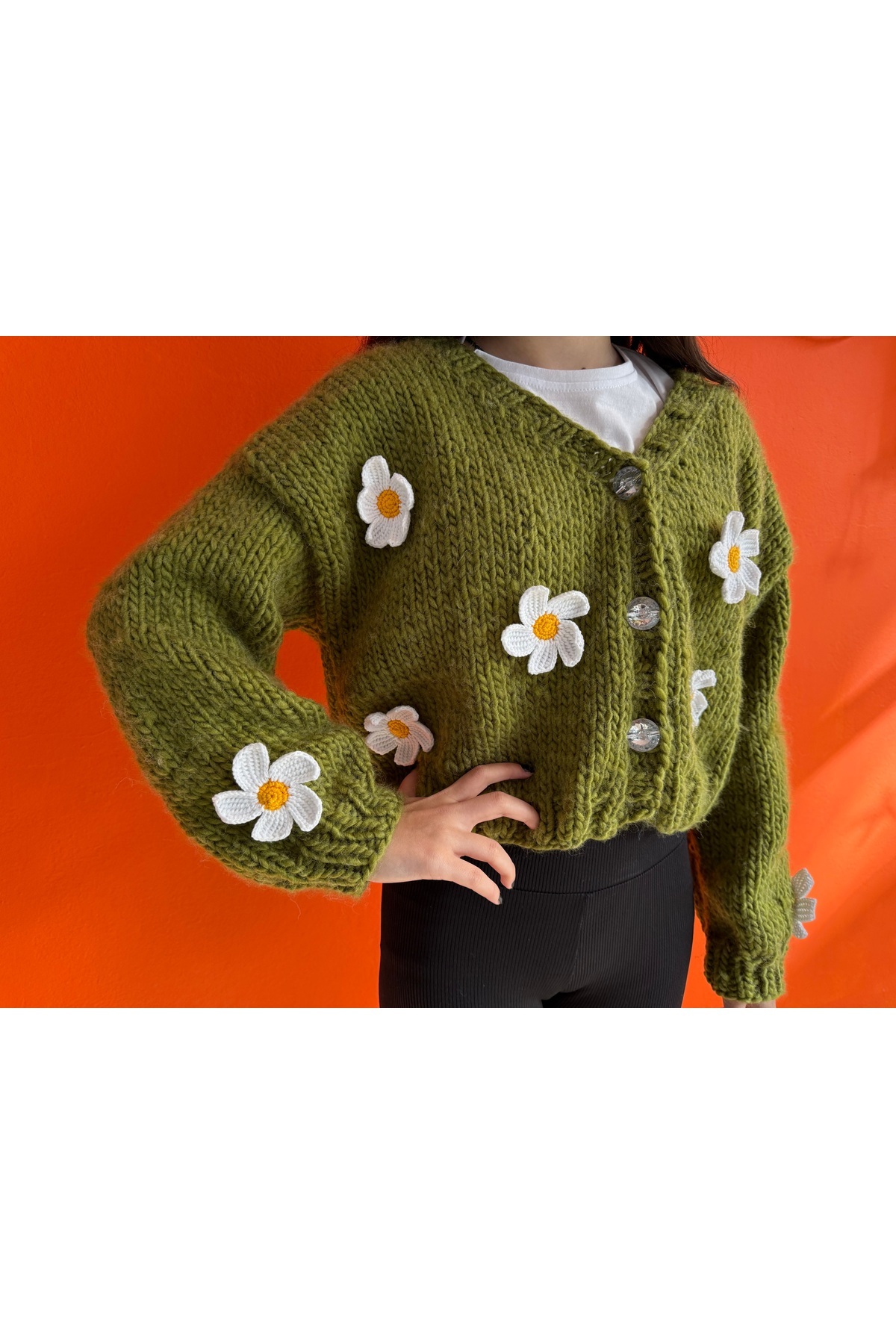 nancastore yeşil hırka yeşil papatya hırka oversize yeşil örgü hırka