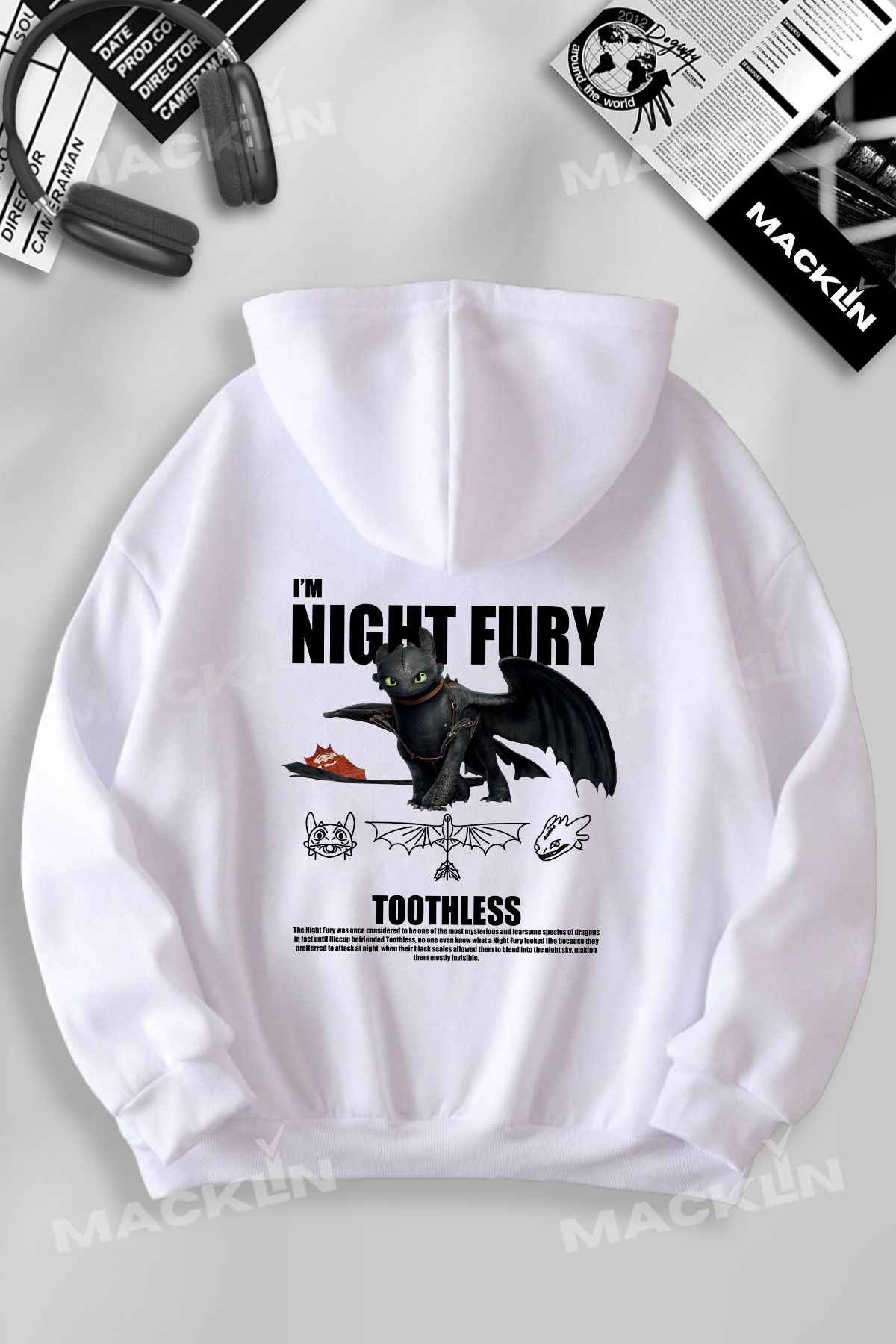 darkopia Unisex Kadın Erkek Night & Light Fury Ejderha Sırt Baskılı Kapüşonlu Basic Sweatshirt