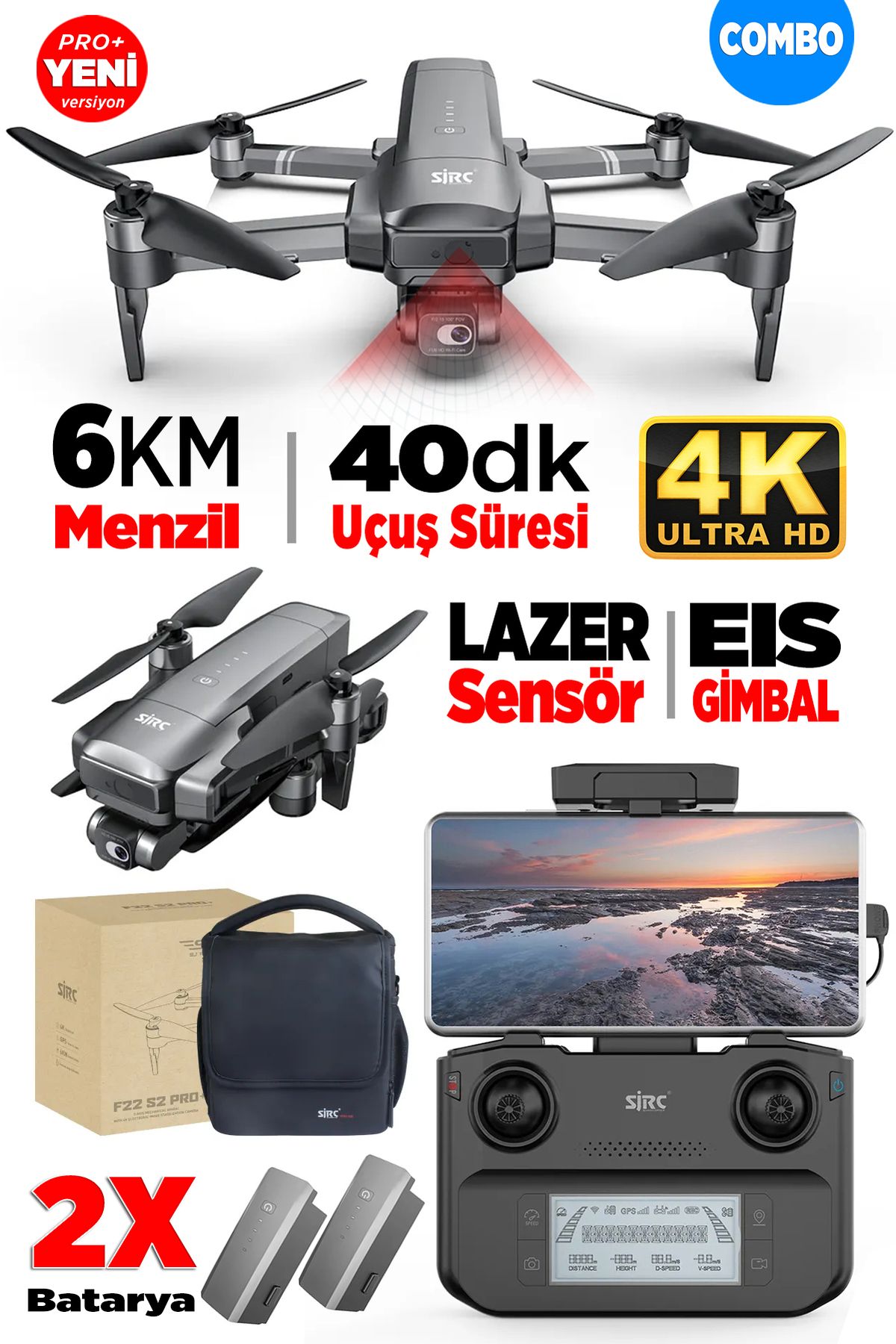 SJRC F22s Pro Combo 4k Kameralı Drone Seti -2 Batarya-3.5 Km Menzil-engel Algılama 35 Dakika Uçuş Çanta