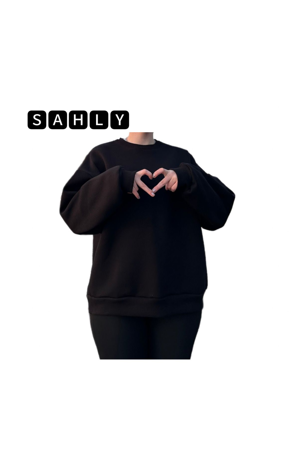 SAHLY Siyah kapüşonsuz oversize unisex sweatshirt