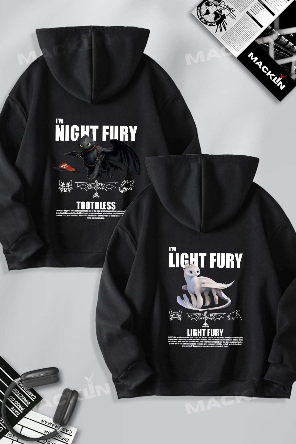 macklin Sevgili & Arkadaş Çift Kombini Night  & Light Fury Ejderha Baskılı Kapüşonlu Sweatshirt 2li Takım