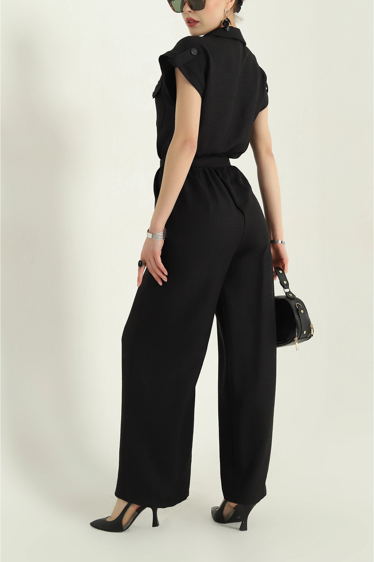 Secret Passion Lingerie-Black Belted Linen Jumpsuit with Elastic Waist 3