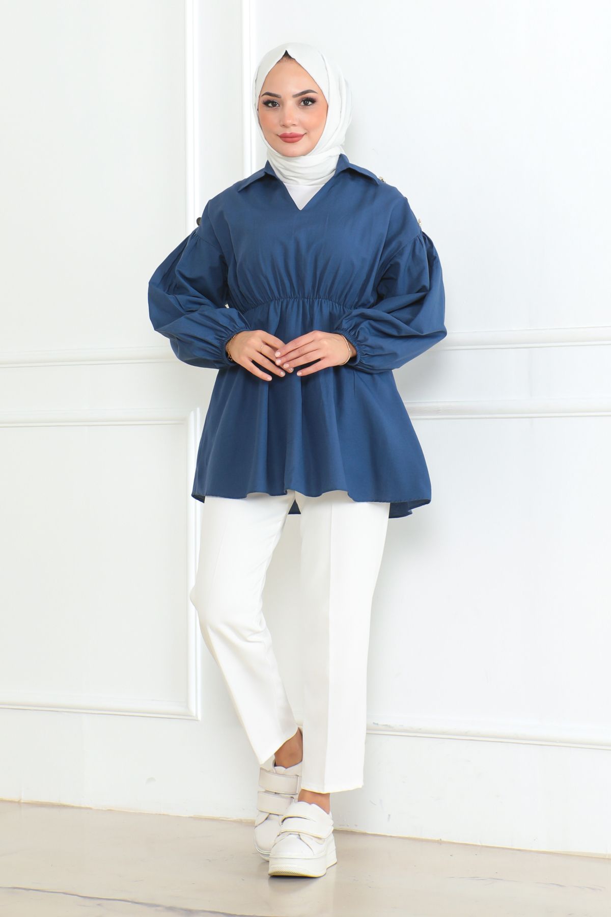 Eliva-Cămașă hijab cu decolteu în V pentru femei, albastru indigo, cu talie elastică, umeri, nasturi, fustă cu volan 2