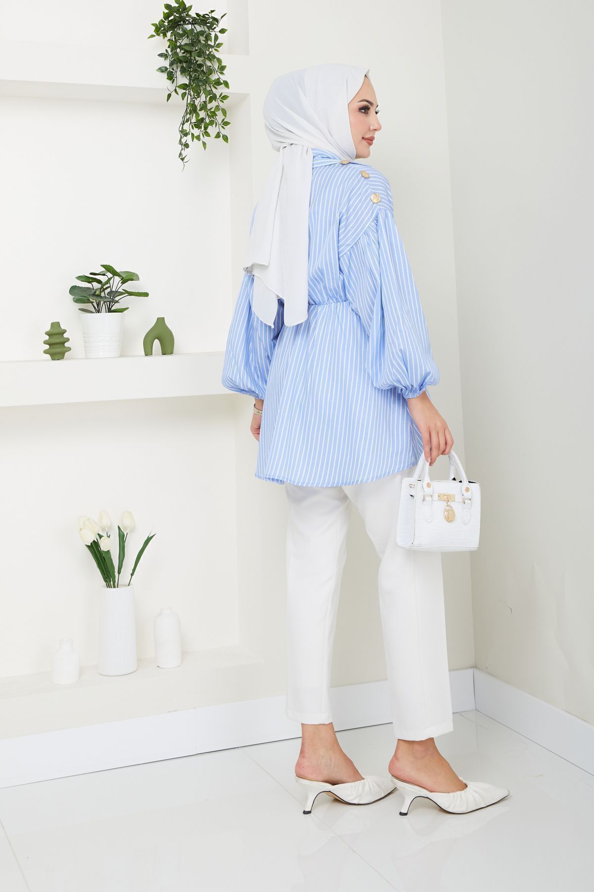 Eliva  Kadın Bebe Mavi Beyaz Çizgili Saten Belden Lastikli Tesettür Gömlek - Görsel 5