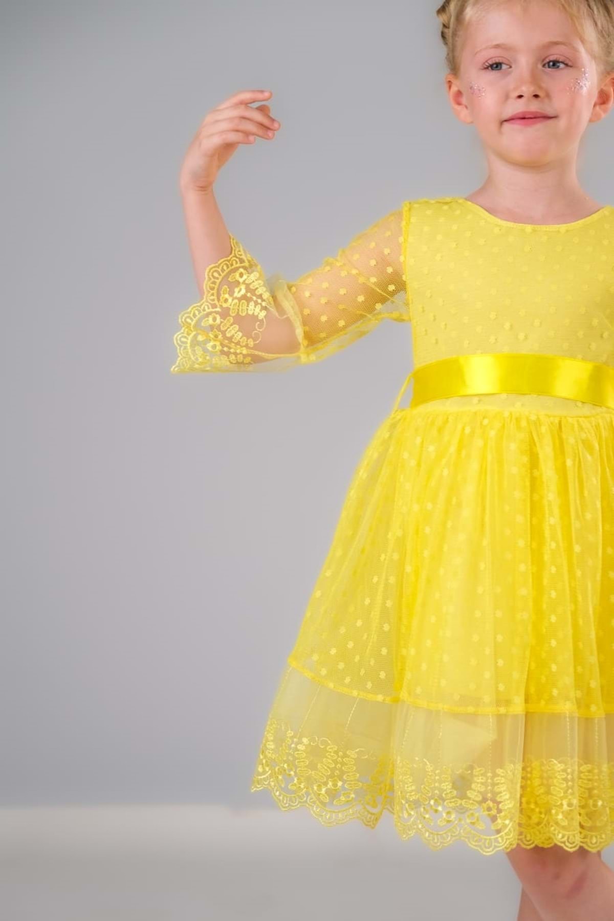 Mnk Dream Luxury Dantel Kız Çocuk Elbise MNK0327 SARI fotoğrafı 5 (önizleme)