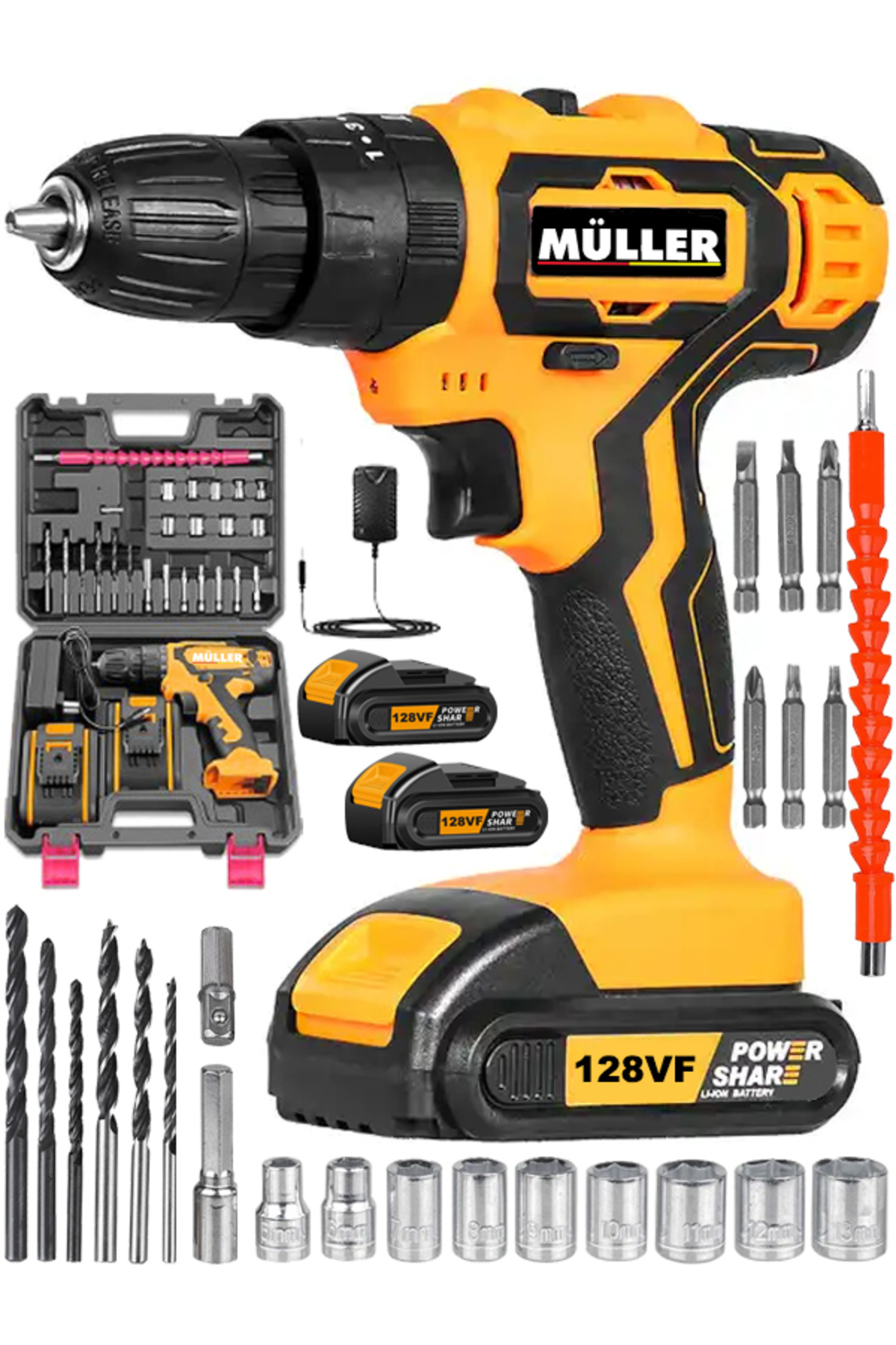 Pro Müller Germany 1800 Power Shar Çelik Şanzıman Bakır Sargılı Çift Akülü Matkap Vidalama Seti