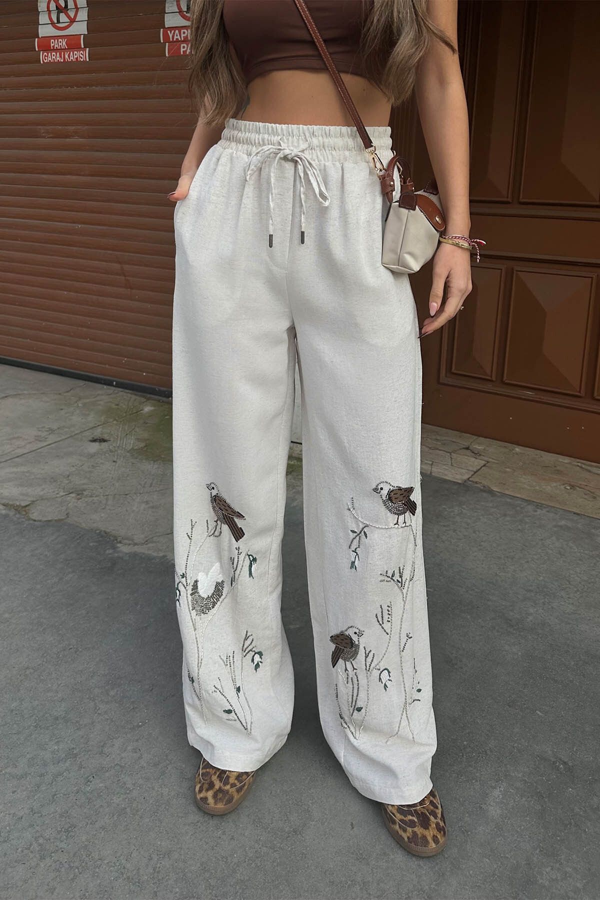 XHAN-Beige Embroidered Palazzo Linen Trousers 6Yxk5-49100-25 2