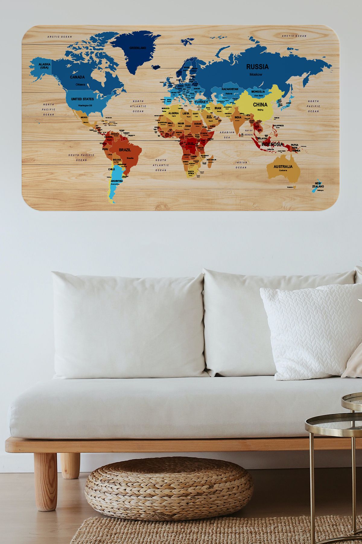 Haye Collection Ahşap Görünümlü Eğitici Detaylı Atlası Dünya Haritası Duvar Sticker -60x105-3856