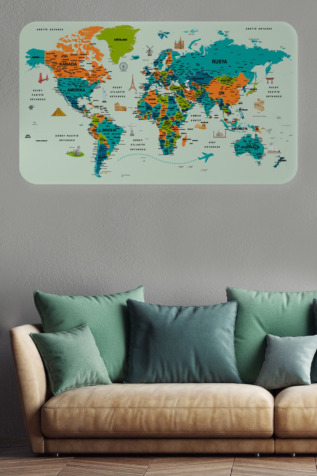 Atik Tasarım Türkçe Eğitici Ülke ve Başkent Detaylı Atlası Dünya Haritası Duvar Sticker -60x105-3855