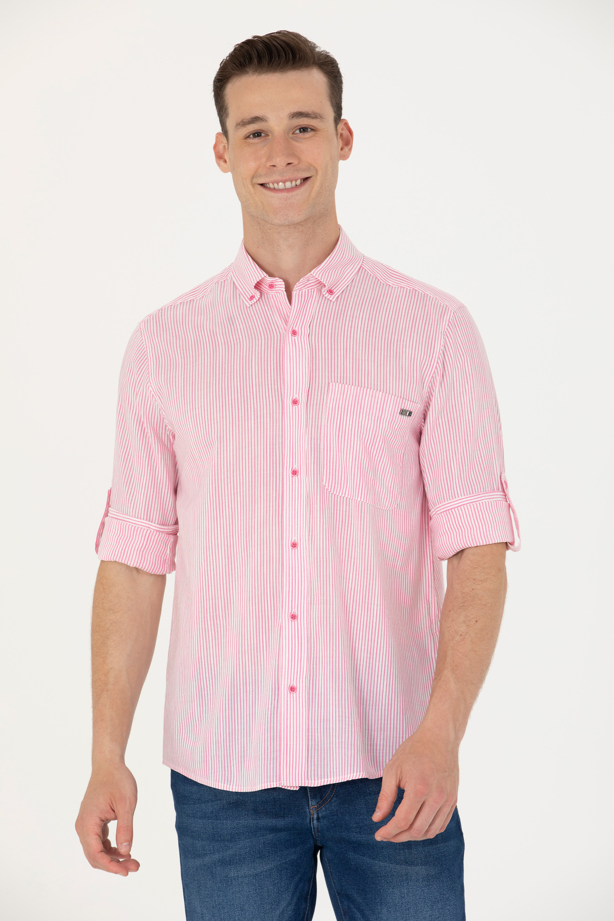 U.S. Polo Assn. Erkek Pembe Çizgili Beyaz Gömlek 50263330-VR041 — صورتی 911965