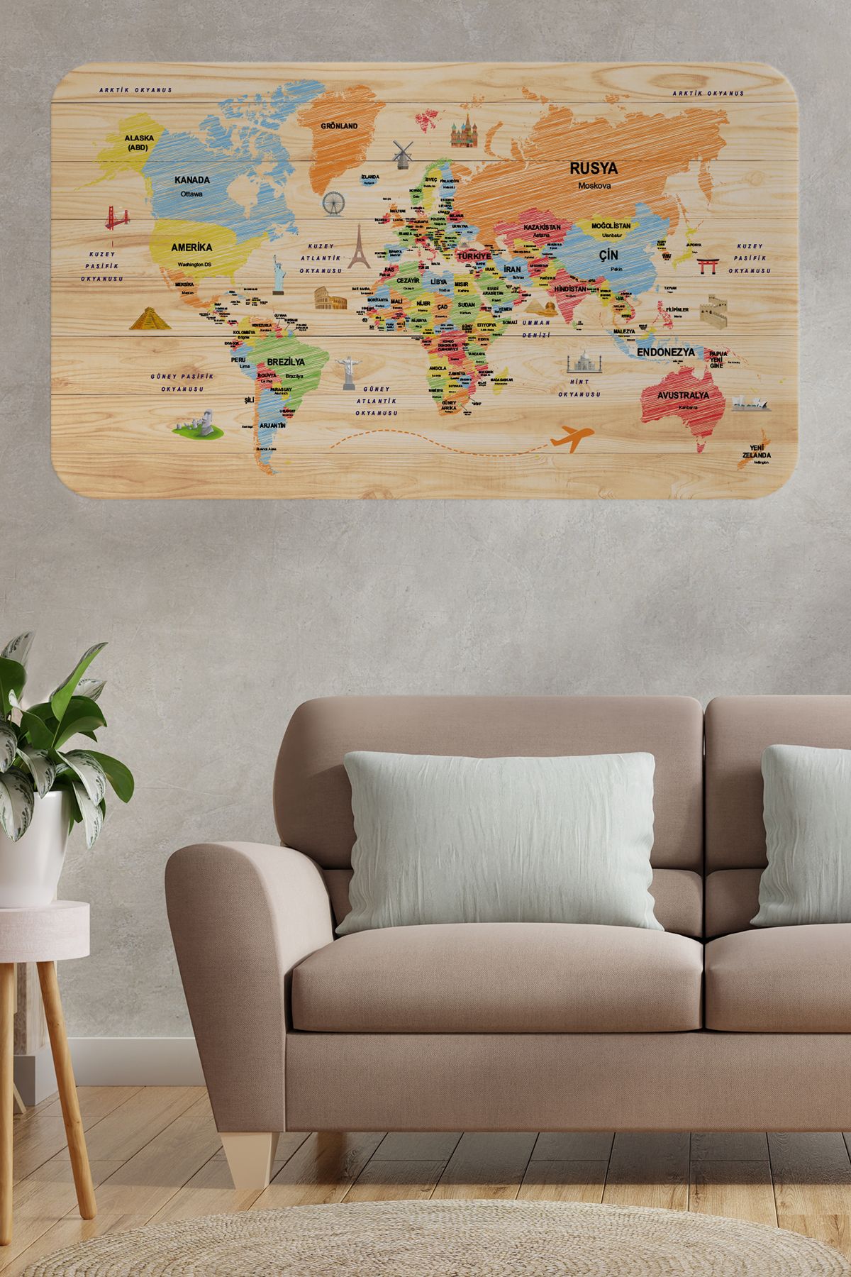Haye Collection Ahşap Görünümlü Türkçe Eğitici Detaylı Atlası Dünya Haritası Duvar Sticker -60x105-3868