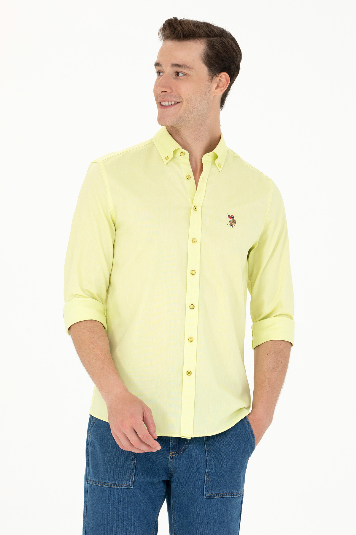 یو اس پولو پیراهن مردانه آستین بلند زرد نئونی مدل 50263099-VR168