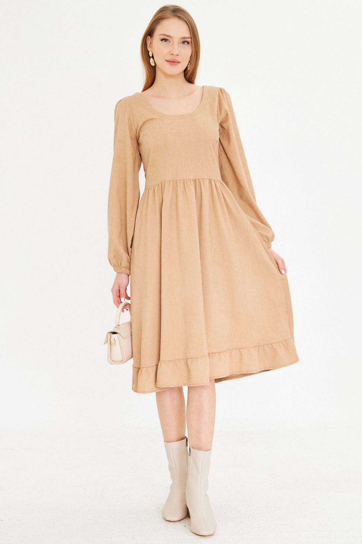 armonika-Women's Beige U Neck Back Zipper Elastic Waist Midi Length Velvet Dress Arm-25K 001103 2