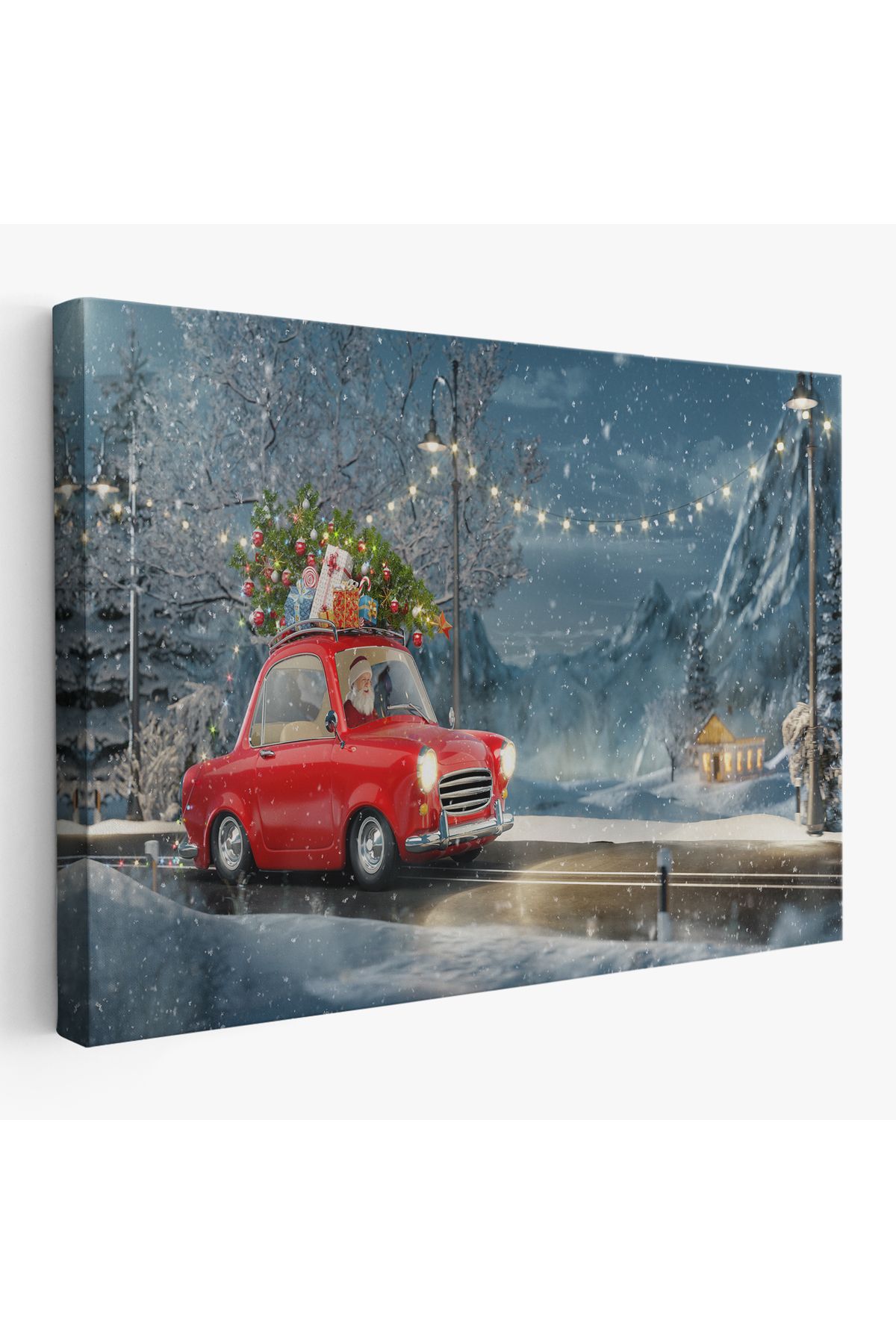 Doğal Bizden DB Noel Baba ve Küçük Kırmızı Retro Arabası Kanvas Duvar Tablosu-3752