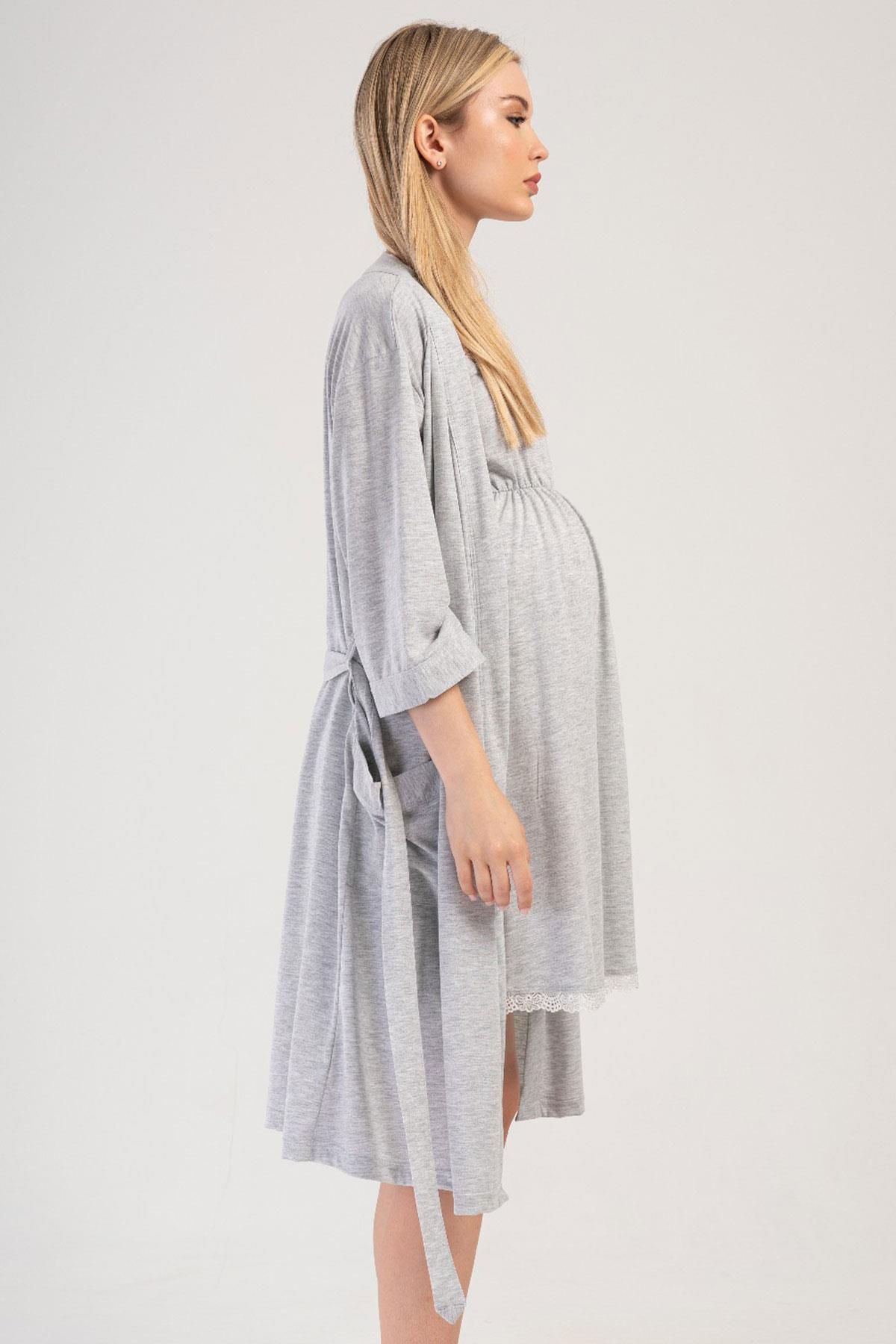 VİENETTA-Maternity Gray Melange Women's Nightgown and Dressing Gown - C8T7N3O504 3