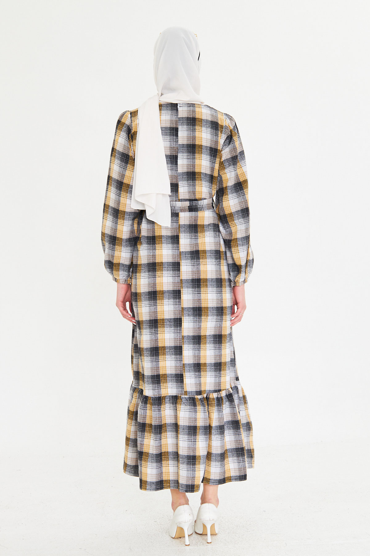 armonika-Rochie de damă, galbenă, cu gâtul în formă de zero, cu fermoar la spate, la capăt, cu volane, evantai, lungă, musulmană, ARM-25K 001102 5