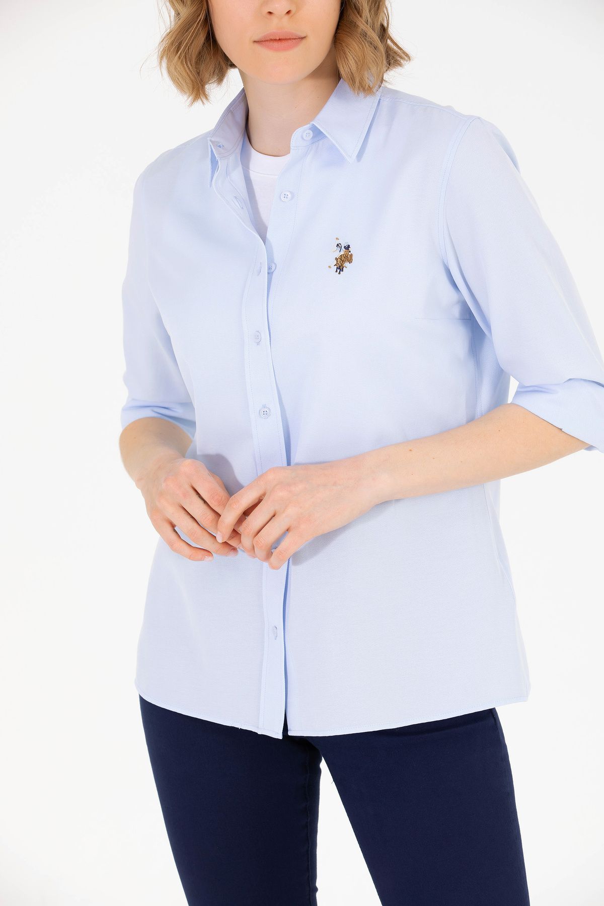 U.S. Polo Assn.-قميص نسائي أساسي أزرق فاتح بأكمام طويلة 50262888 -VR003 6