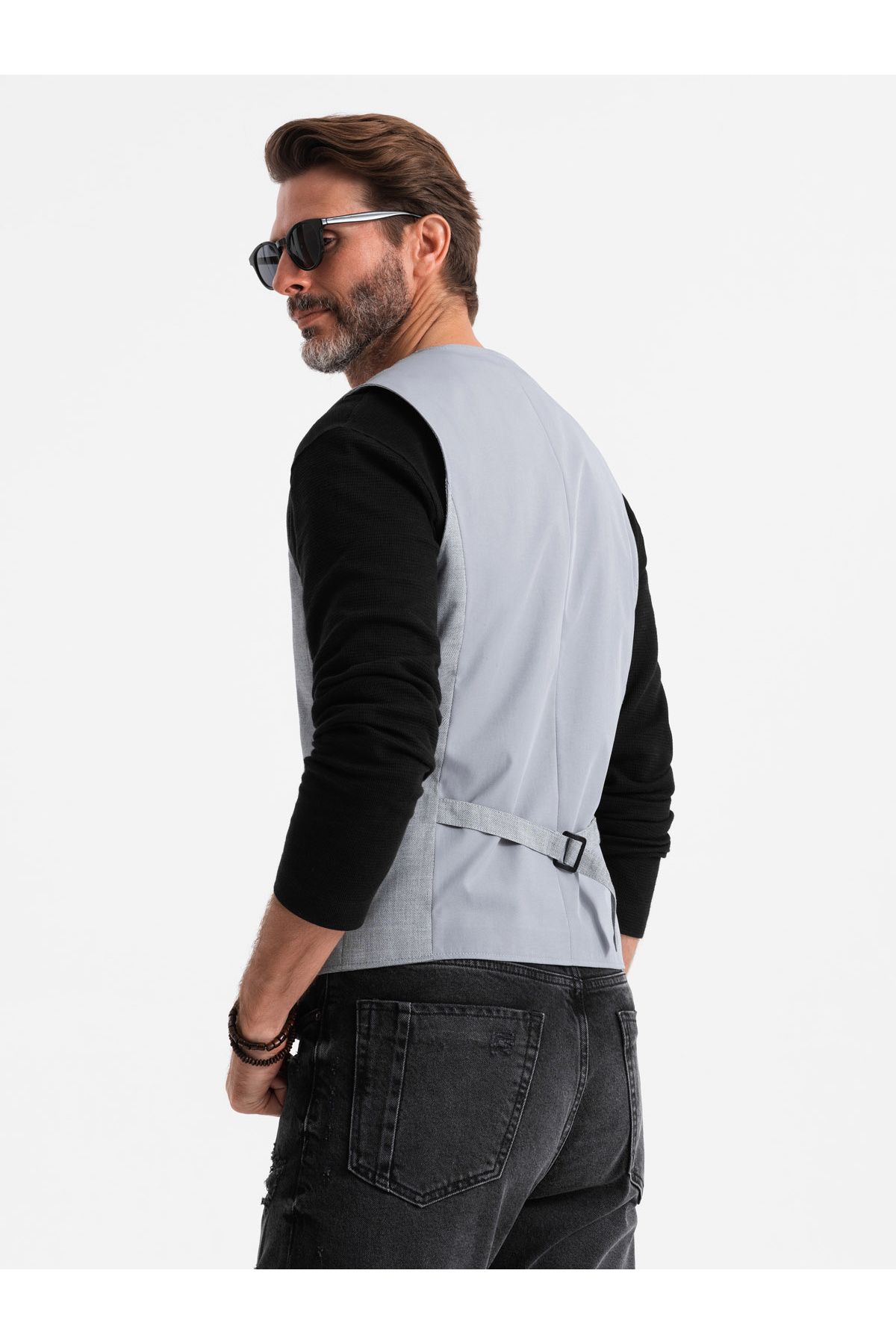 OMBRE-Men's jacquard suit vest without lapels - light grey V1 OM-BLZV-0106 L 5