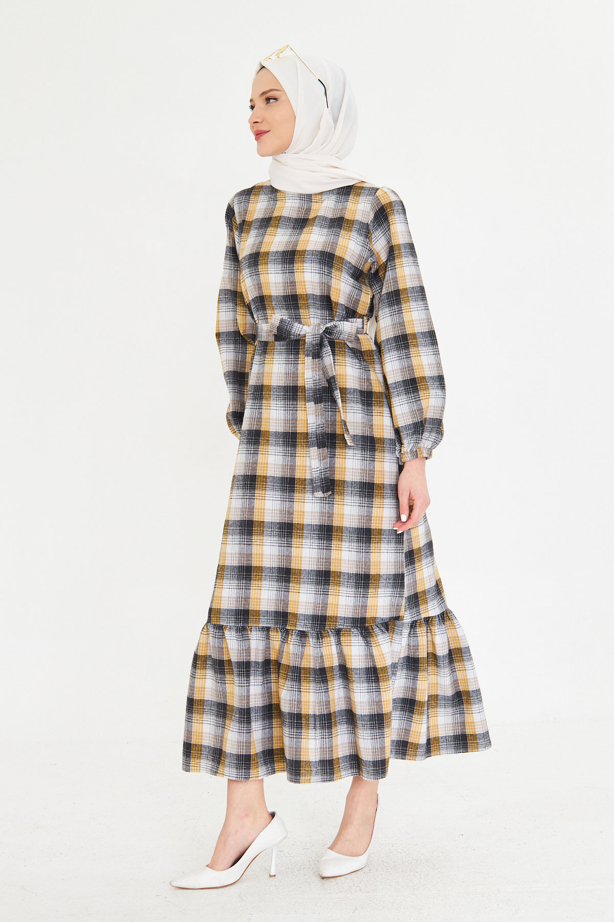 armonika-Rochie de damă, galbenă, cu gâtul în formă de zero, cu fermoar la spate, la capăt, cu volane, evantai, lungă, musulmană, ARM-25K 001102 3