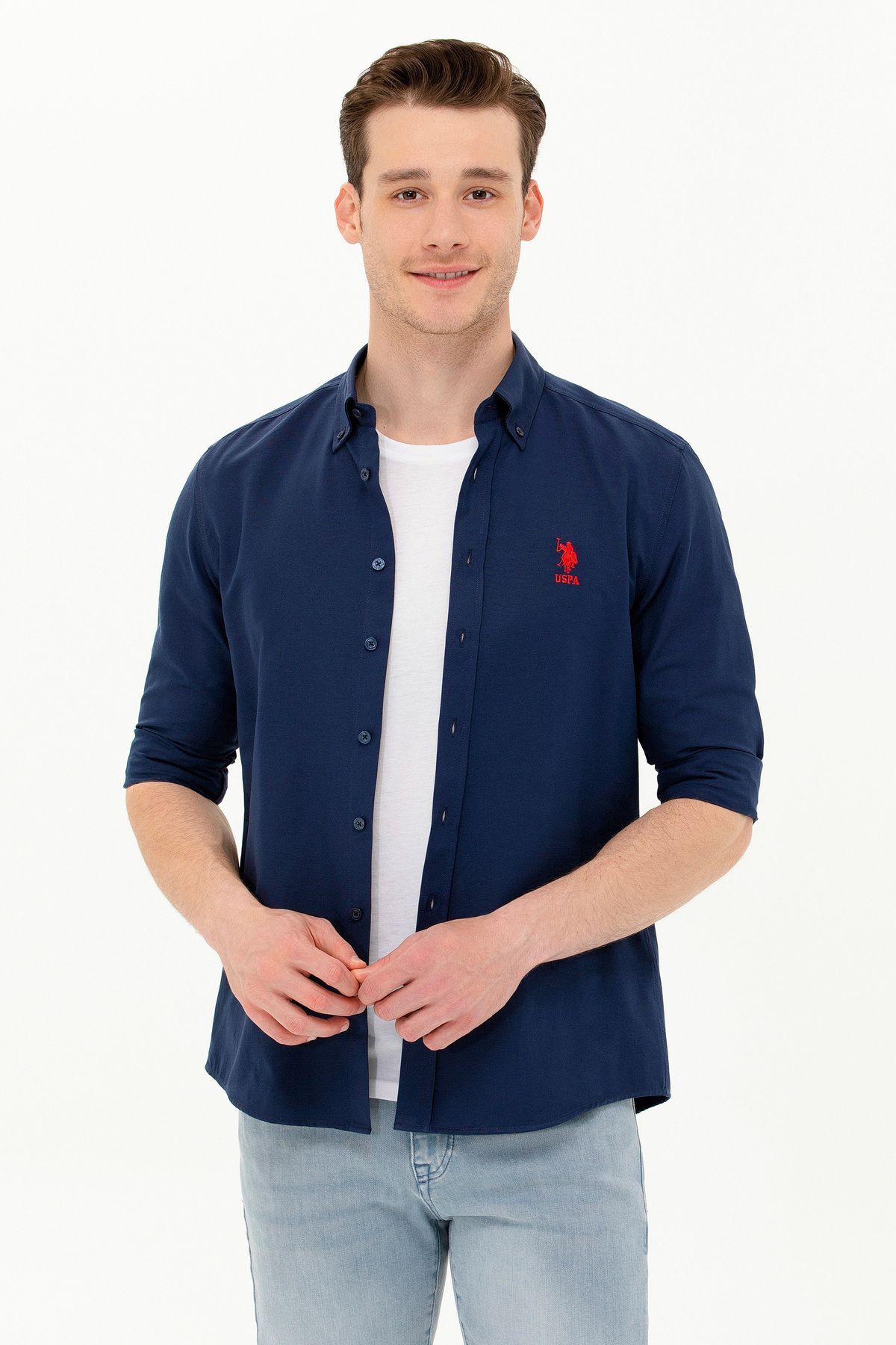 پیراهن پایه آستین بلند آبی سرمه ای مردانه 50262932-VR033 U.S. Polo Assn.