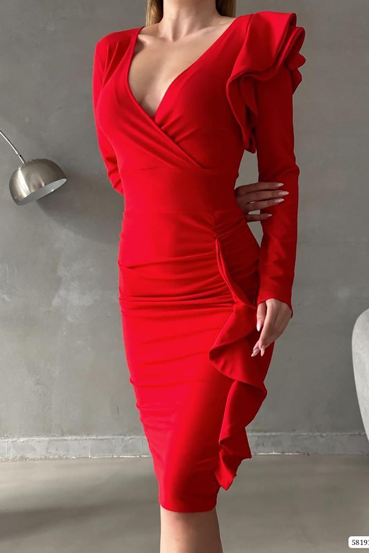 Deafox-Rotes Kleid aus Crêpe-Stoff mit zweireihigem Kragen und Rüschendetail und langen Ärmeln 3