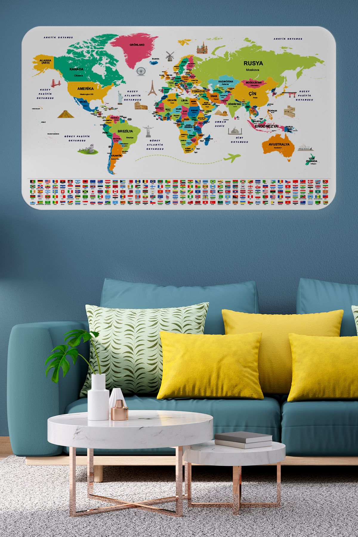 Haye Collection Türkçe Ülke Bayrak lı Eğitici Başkent Detaylı Atlası Dünya Haritası Duvar Sticker -60x105-3860