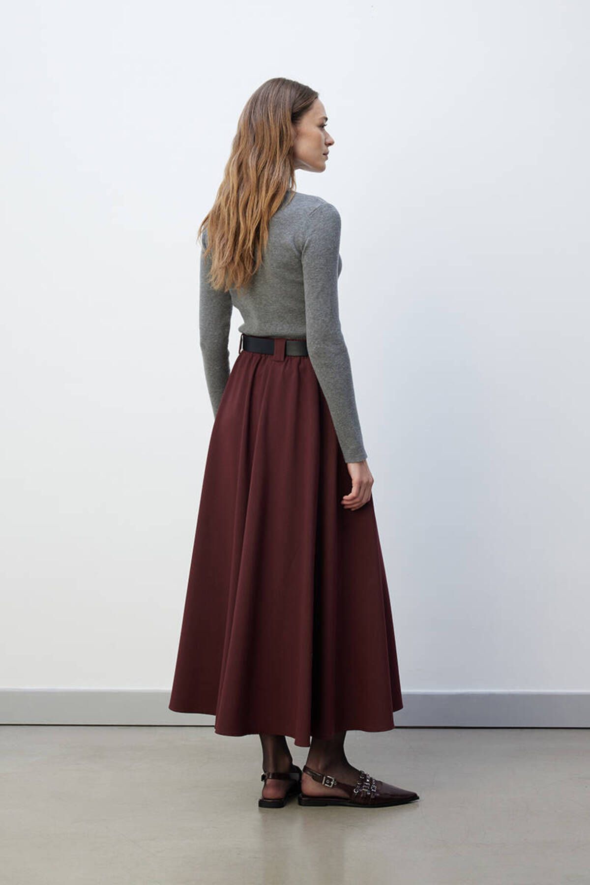 BE BLUE-Claret Red Flounce Skirt 8