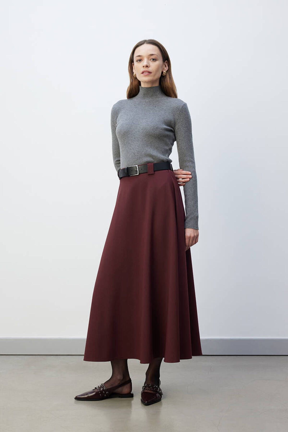 BE BLUE-Claret Red Flounce Skirt 6