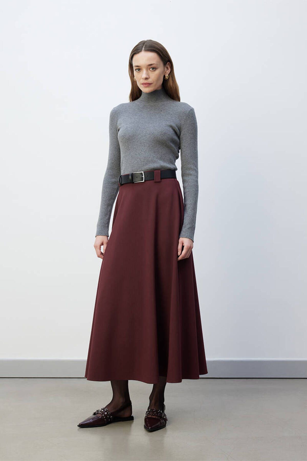 BE BLUE-Claret Red Flounce Skirt 5