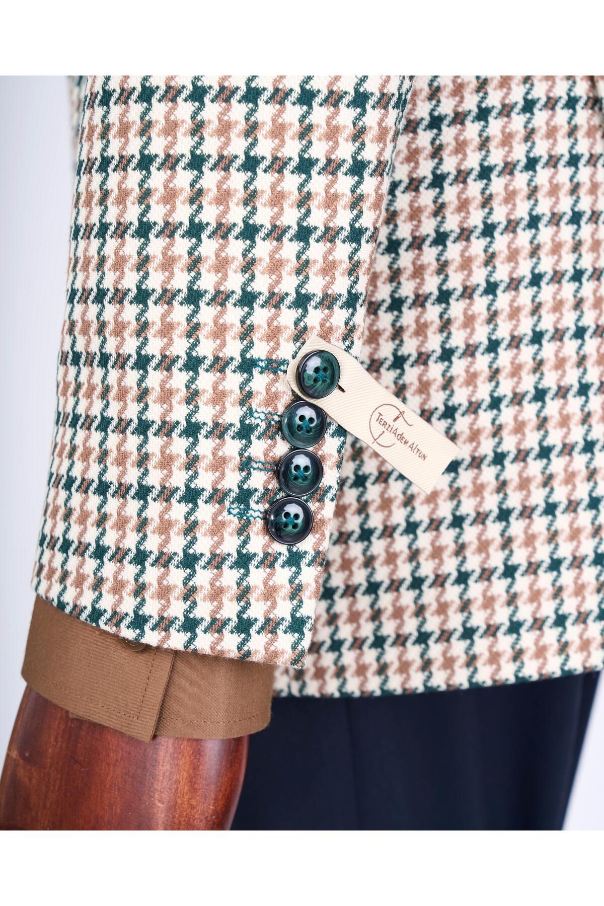 TerziAdemAltun-Italian Style Slim Fit Houndstooth Pattern Double Breasted Men's Coat Green T13049 5