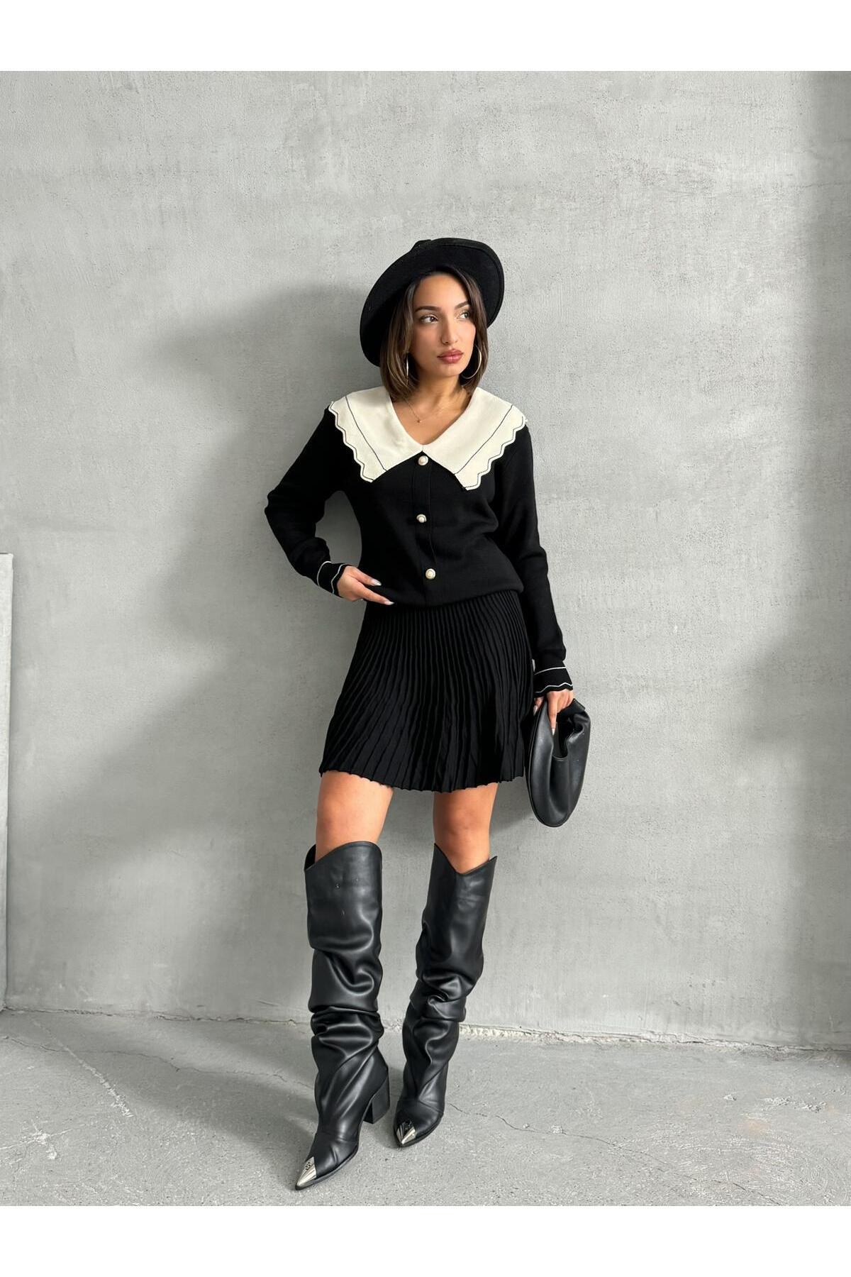 Lusin Dámský černý elegantní kardigan s detaily na límci, halenka, sukně, spodní díl, top, dvoudílný set