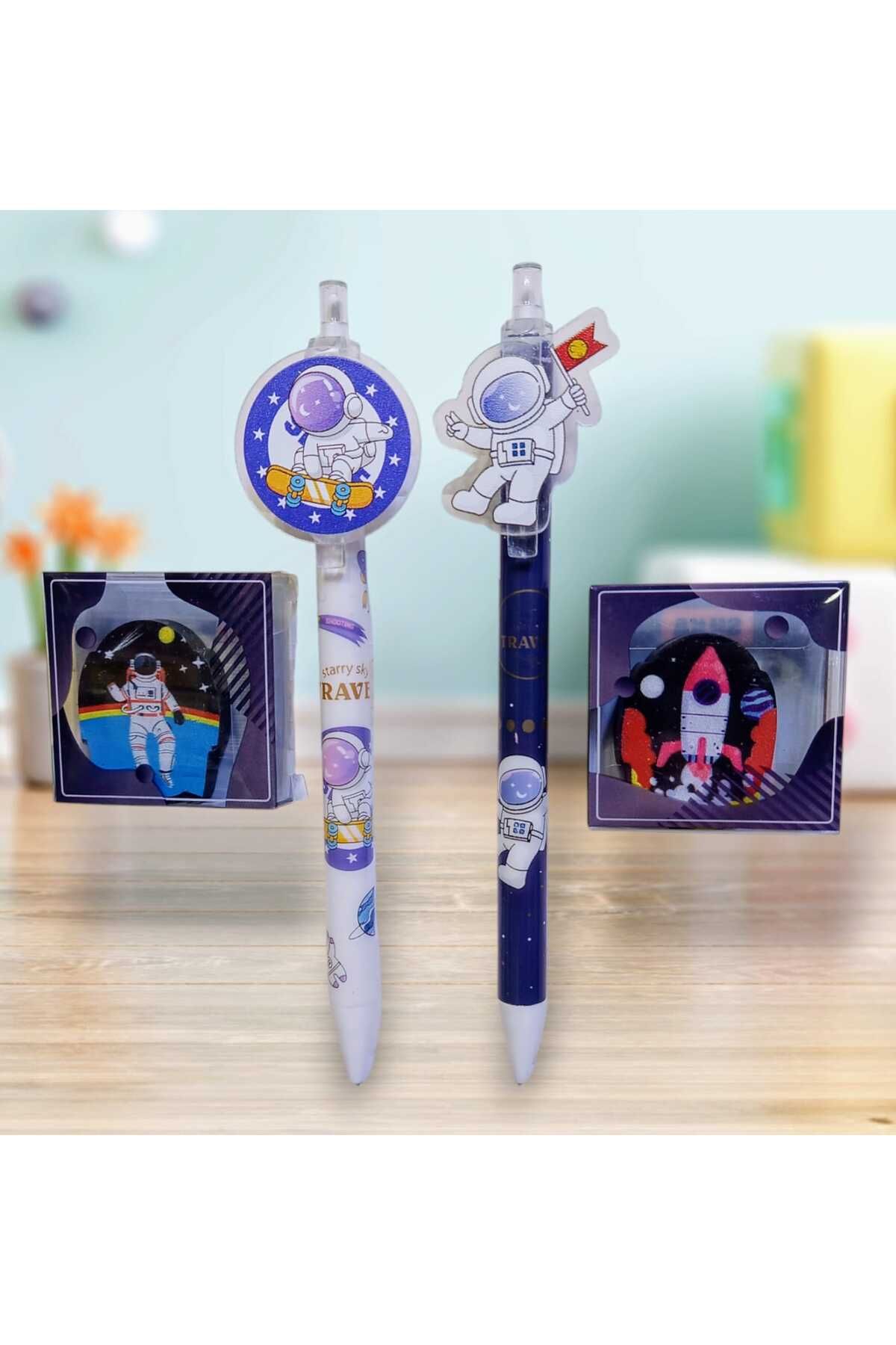 izmir yazici servis-Astronaut Patterned 0.7 Tip Pencil and Space Galaxy Patterned Eraser Set Set of 4 Gift Set 2