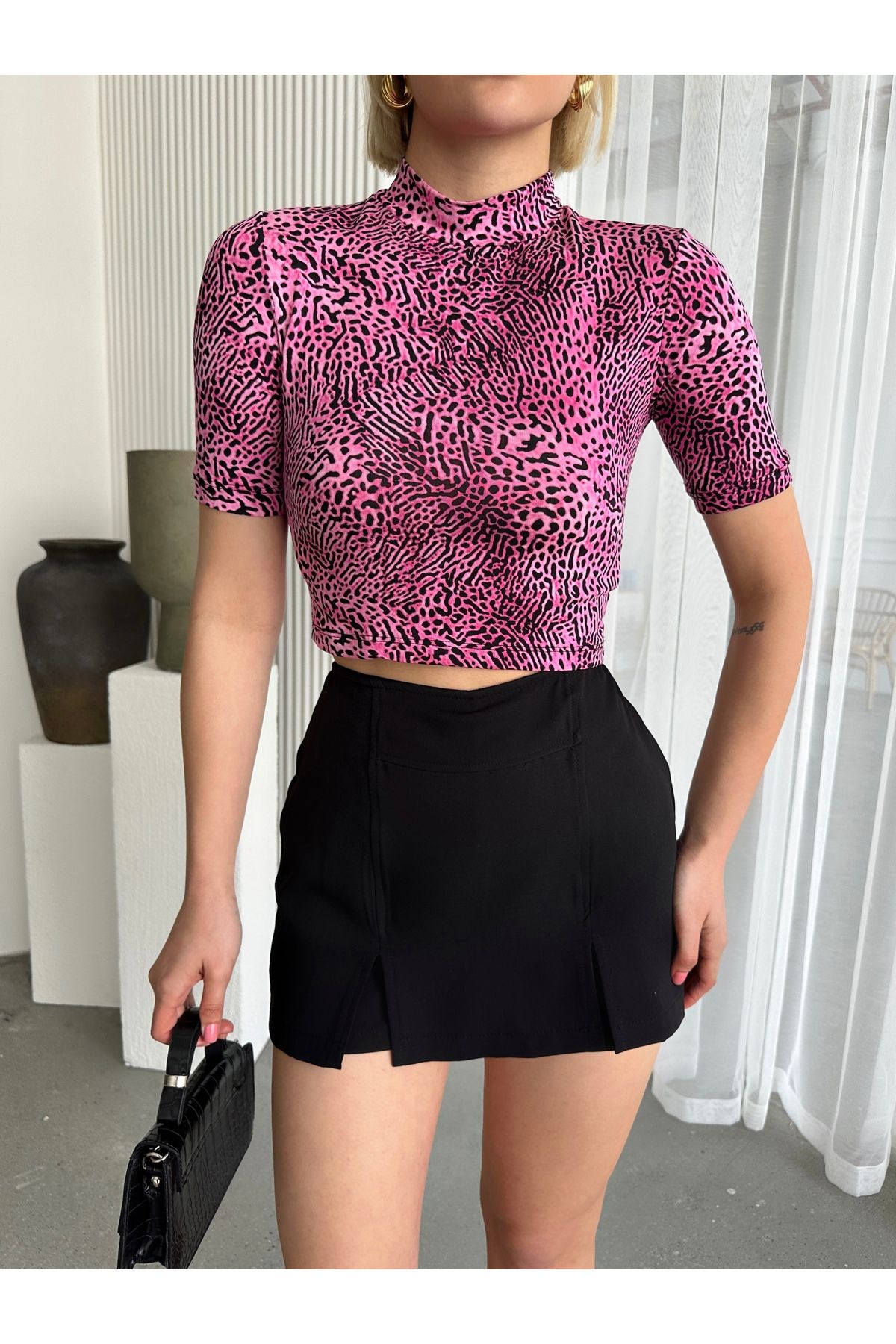 Look Forward-Bluză de damă, fucsia, leopard, cu guler în picioare, cu mânecă scurtă, din viscoză 4
