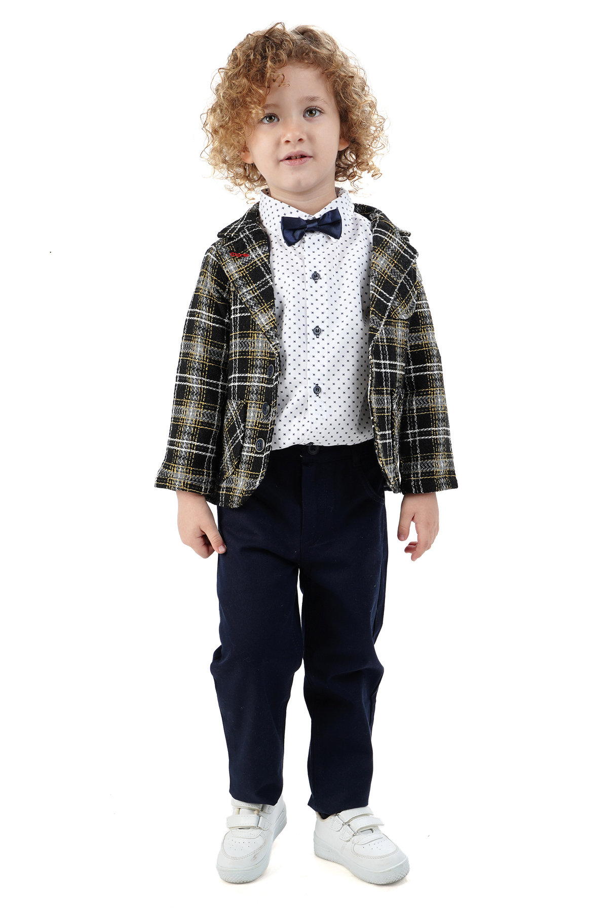 Merdia Boy's 4-Piece Suit Plaid Jacket, Print White Shirt, Bow Tie and Pants