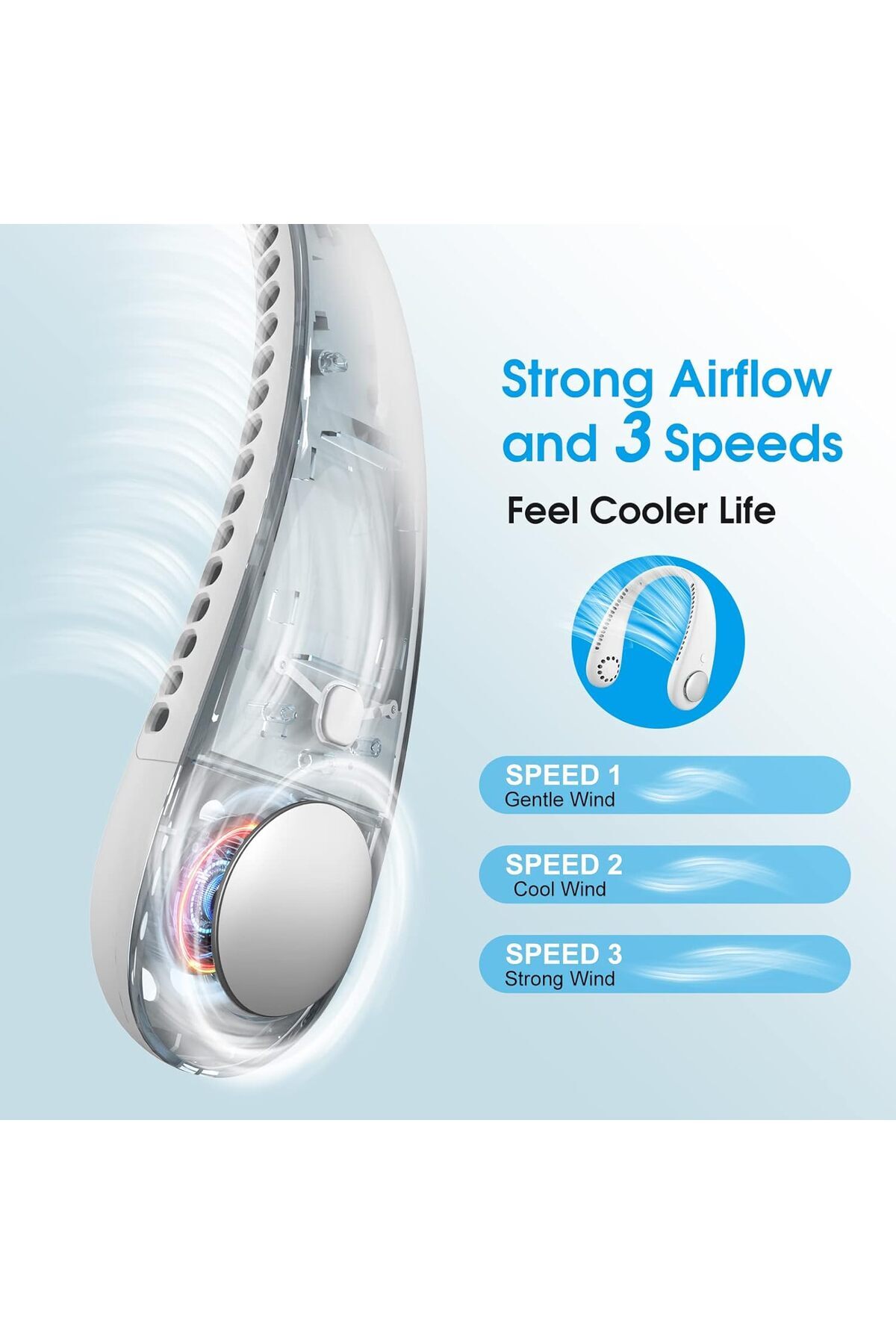 AWH-AUOKAI Neck Fan  Portable Bladeless & Hands-Free 360° Airflow with 3 Speeds  Rechargeable  White 4