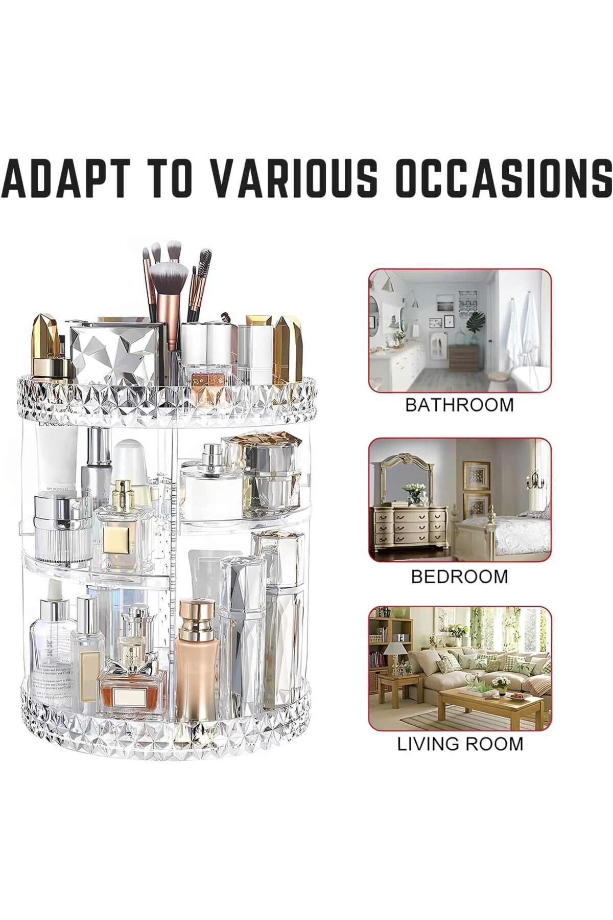 AWH-Rotating Makeup Organizer with Compartments, 3-Tier Acrylic Clear 360° Spinning Storage Display 5