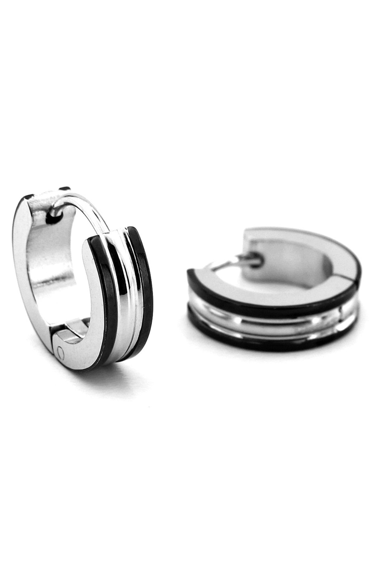 Solfera-Silver Color Stainless Steel Men's Hoop Earrings with Black and White Stripe Er140 2