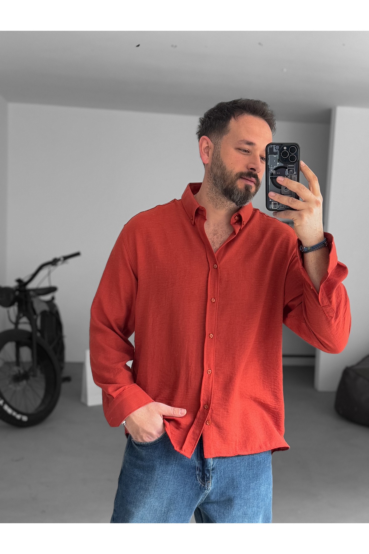 BYBASICMAN-Pm-008 Model Brick Colored Crinkle Fabric Shirt 6
