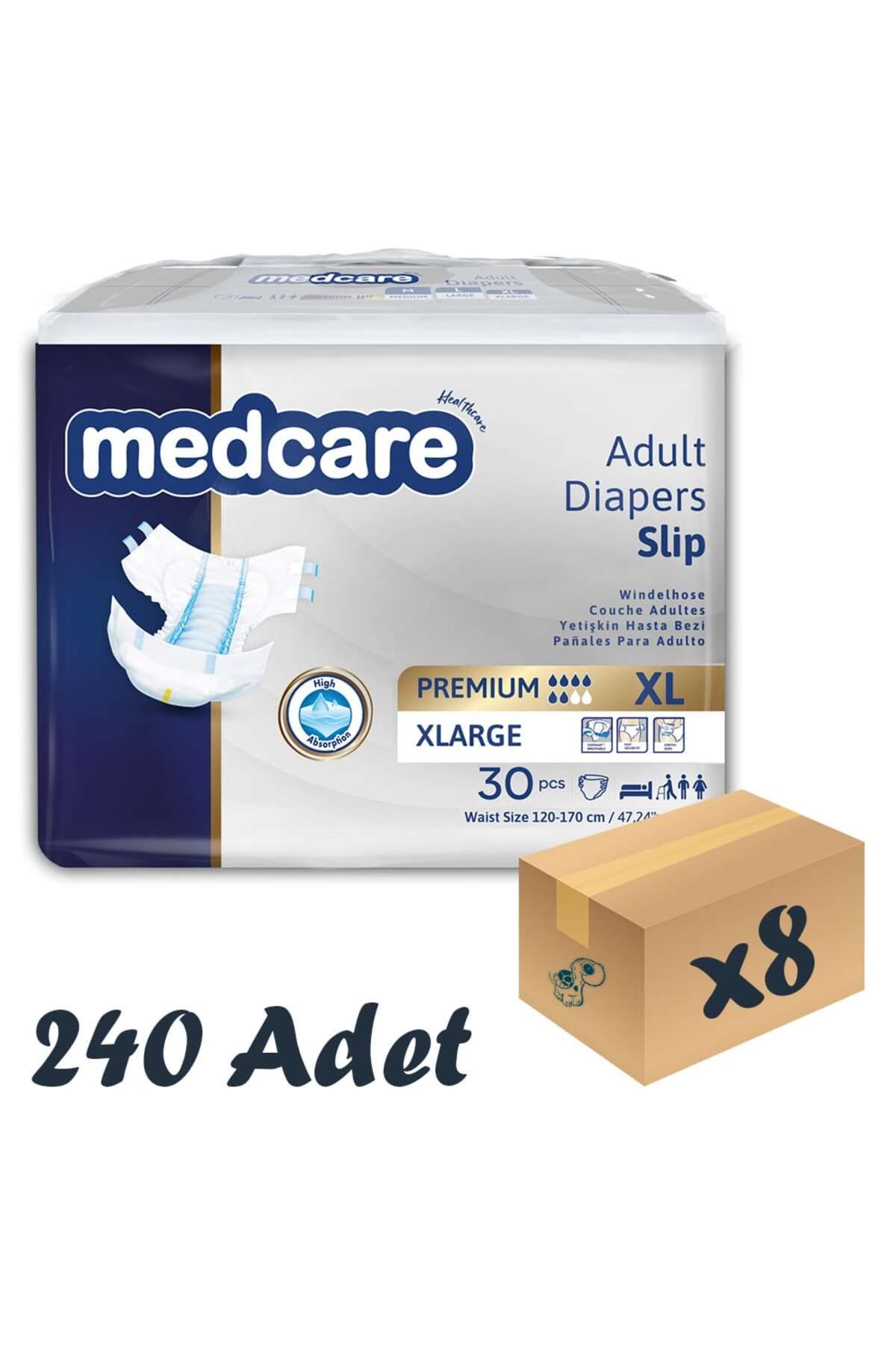 MEDCARE Premium Bel Bantlı Hasta Bezi 6 Damla XLarge En Büyük Boy XL Beden 30'lu 8 Paket 240 Adet