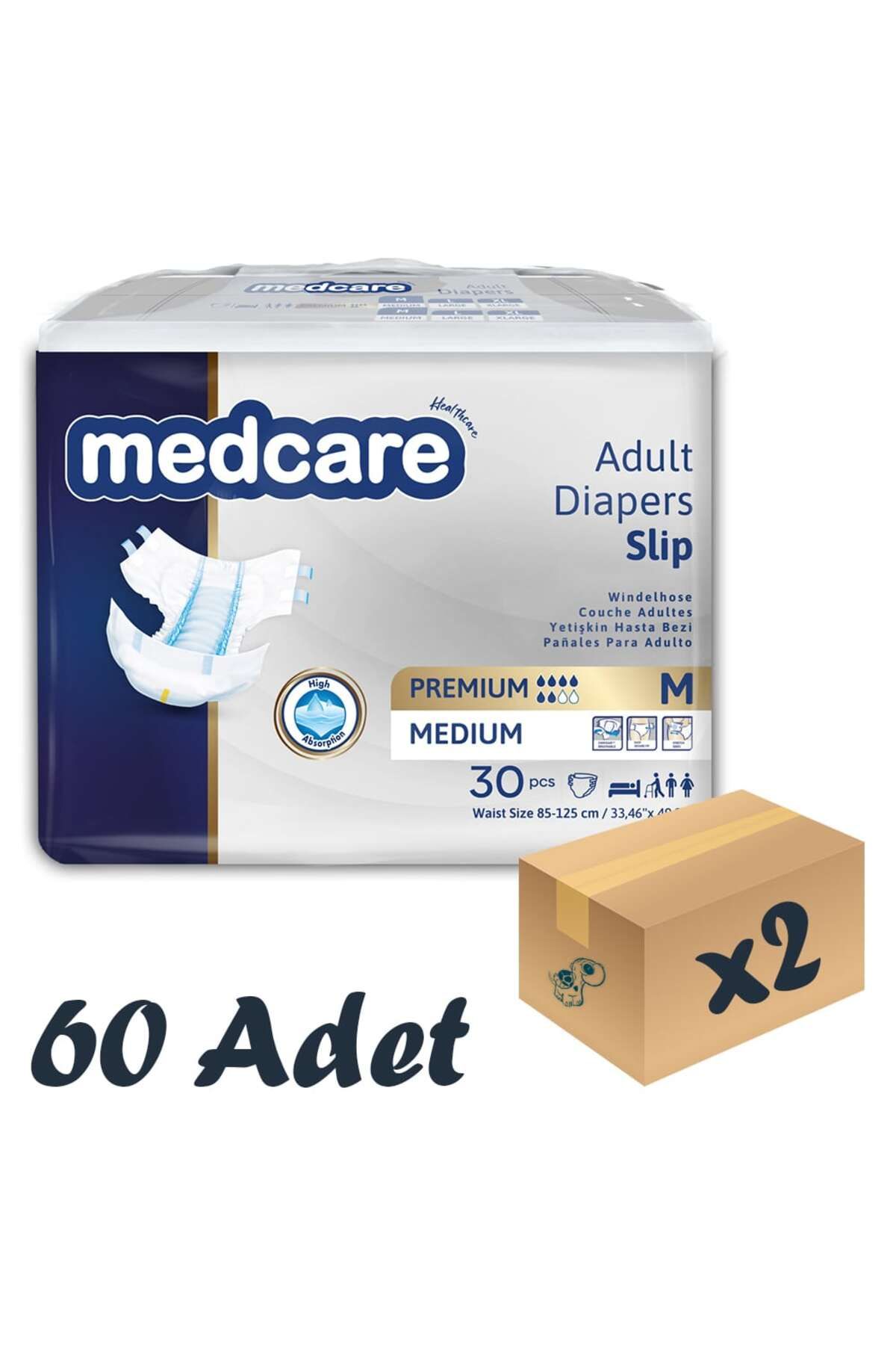 MEDCARE Premium Bel Bantlı Hasta Bezi 6 Damla Medium Orta Boy M Beden 30'lu 2 Paket 60 Adet