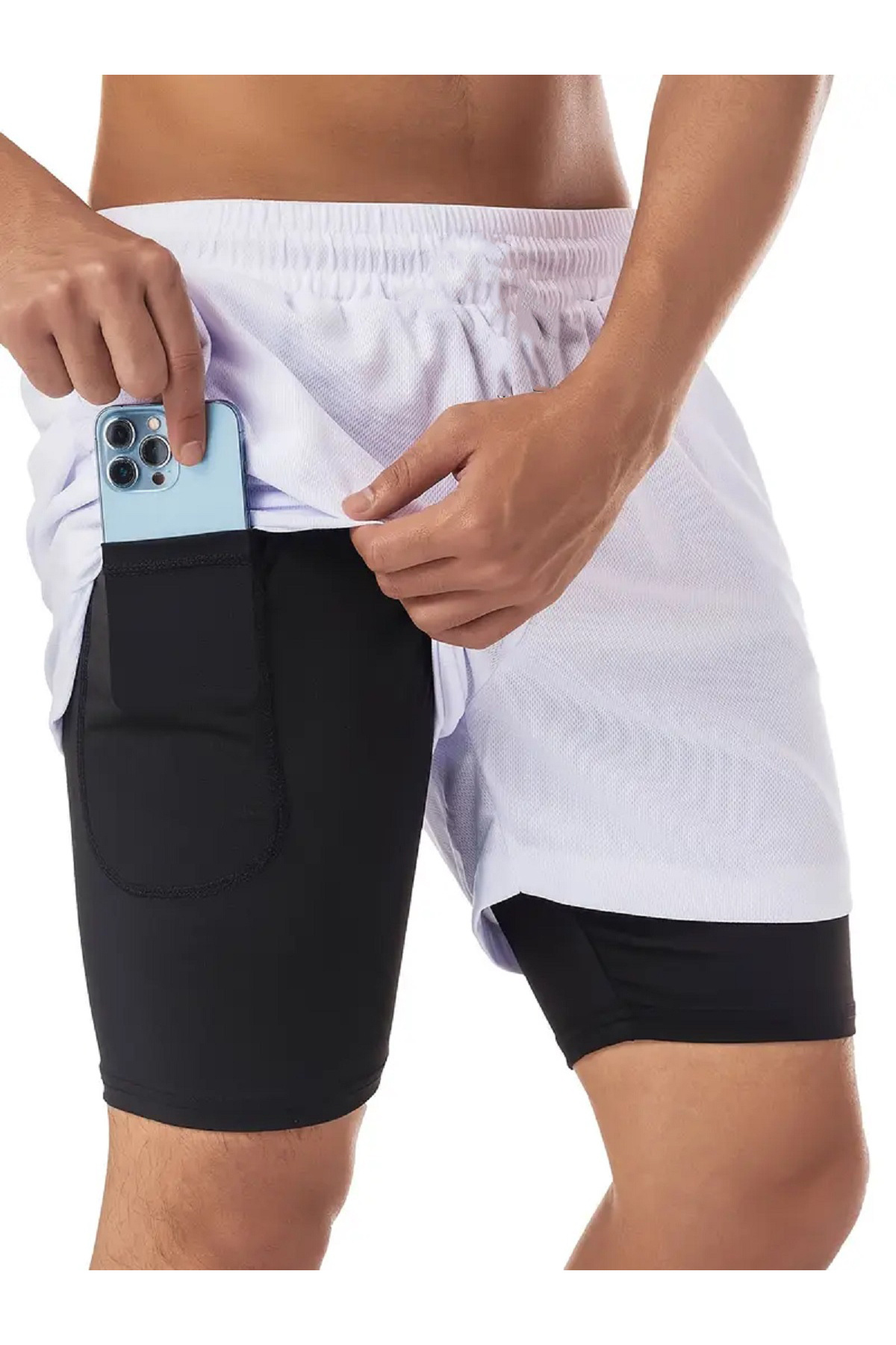 makiteks Sporcu Şortu, Alt Siyah Tayt Görünümlü Çok Cepli Taytlı Spor Şortu