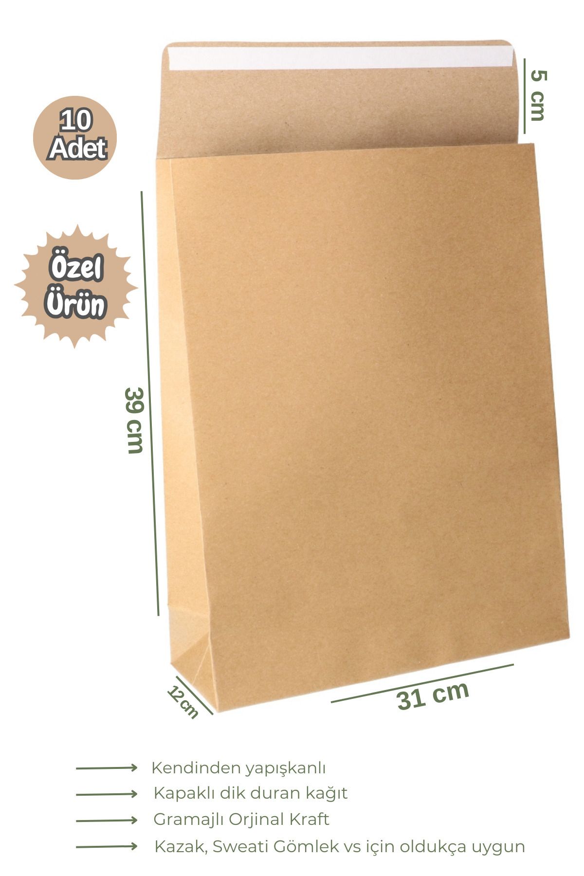Mikasso 10 Adet 30x45 Mega Boy Dik Duran Yapışkanlı Kapaklı Körüklü Kraft Hediye Paketi 31,5 x 45 Hediye Pak