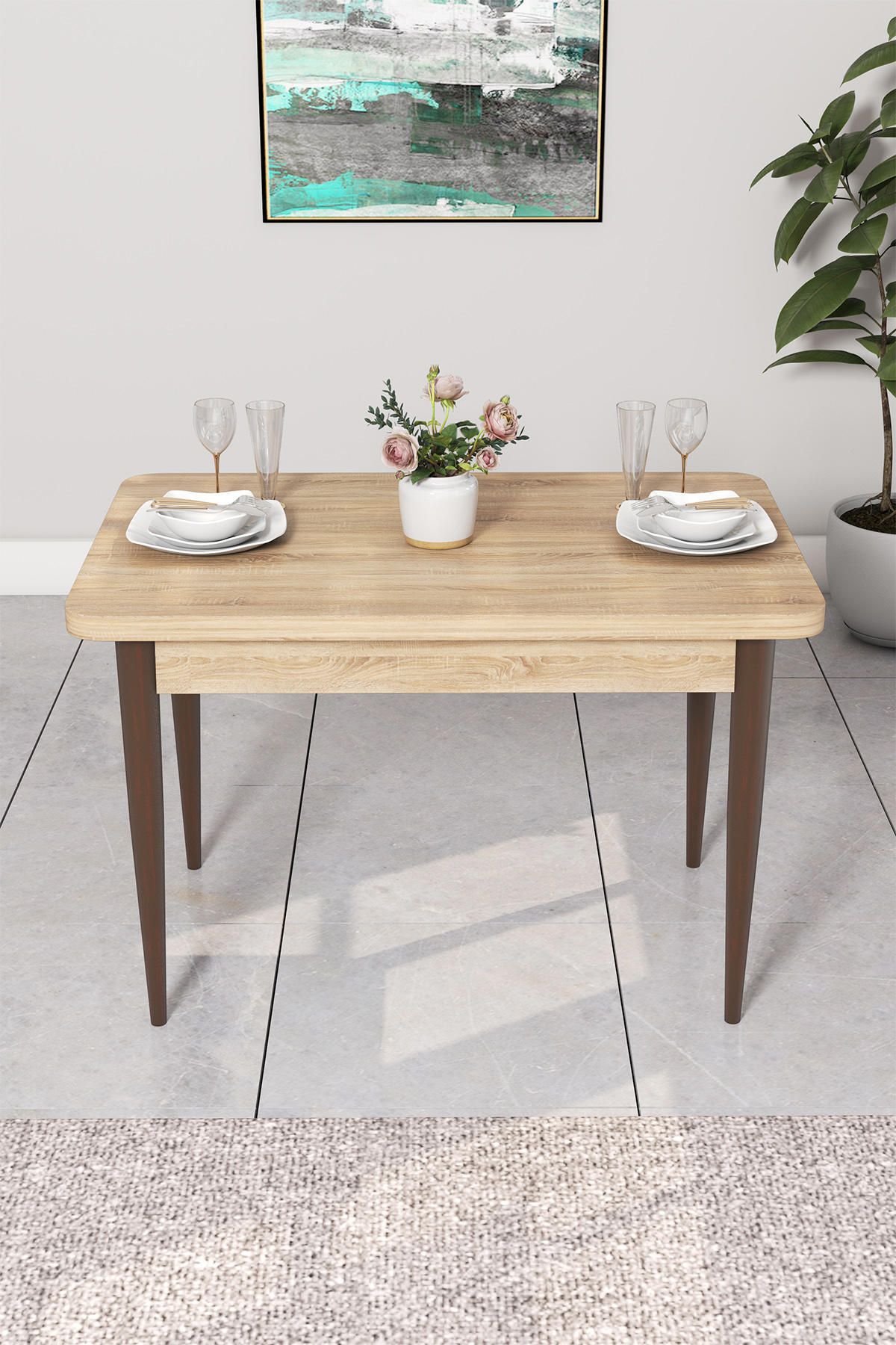 Duru Meşe 70x110 Sabit Mdf Yemek Odası Takımı Metal Ayaklı 4 Adet Gül Kurusu Sandalye-2